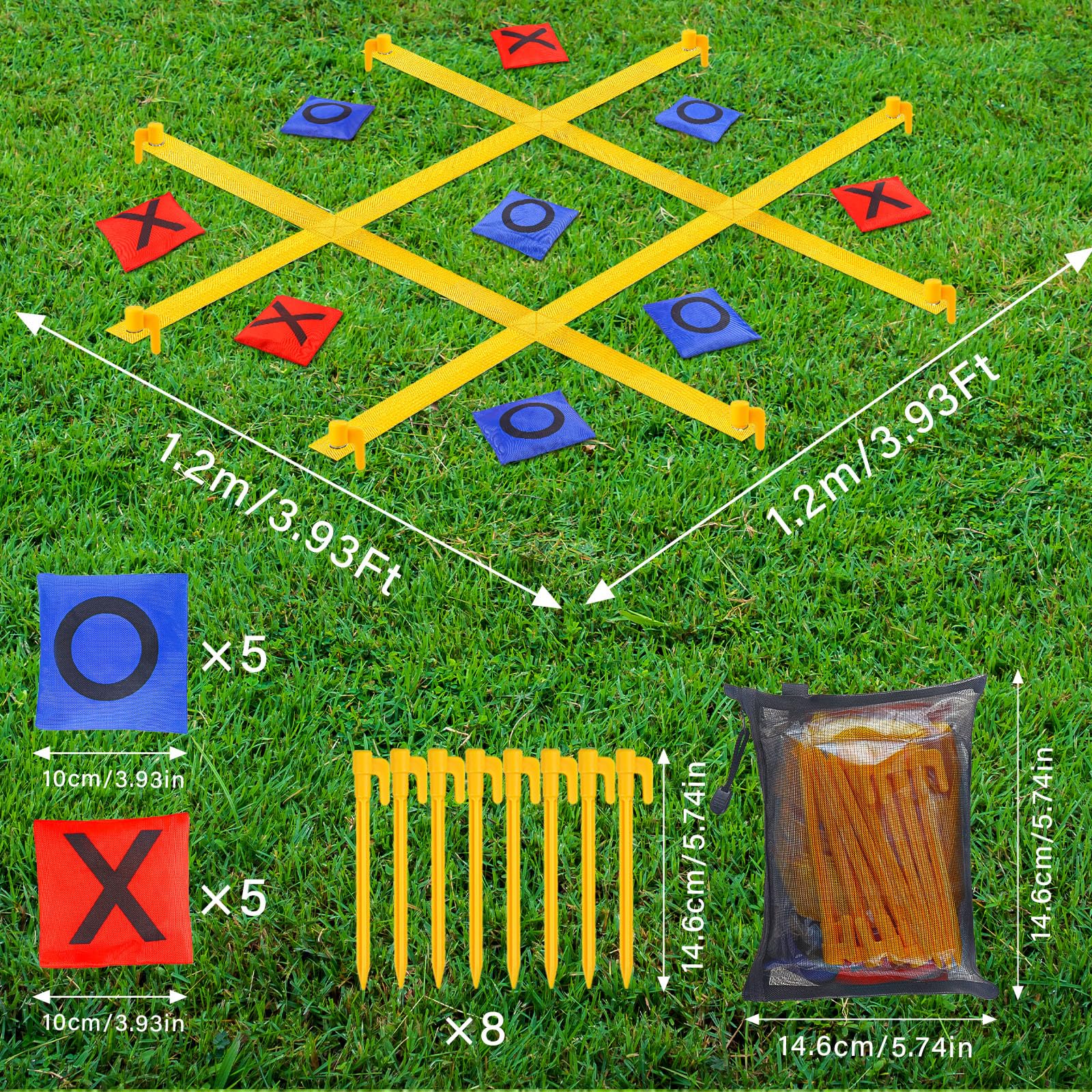 Ground stakes secure the tic tac toe game on grass