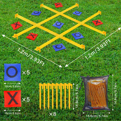 Ground stakes secure the tic tac toe game on grass