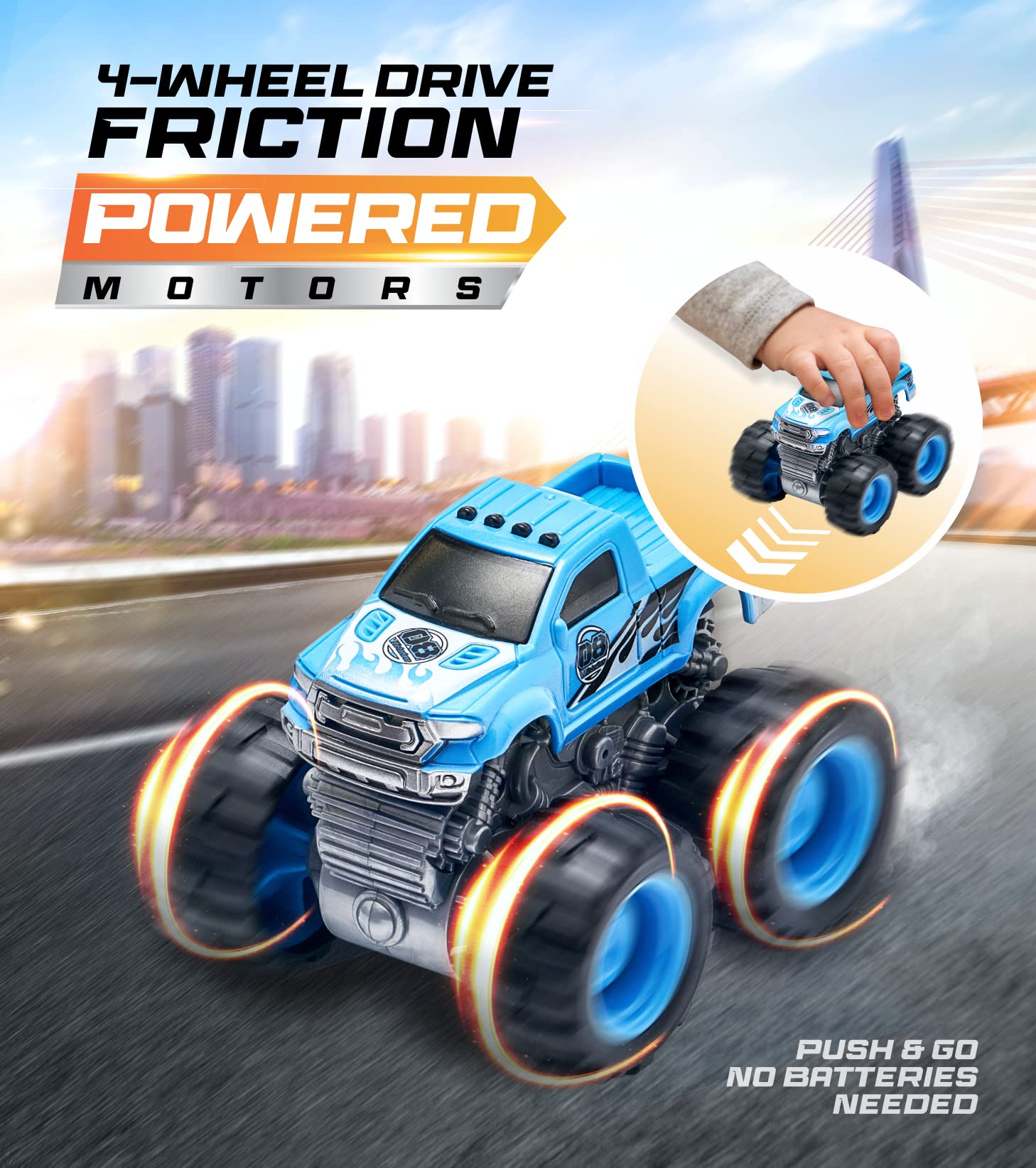 Each Monster Truck measures about 3.7 x 3.2 x 3 inches