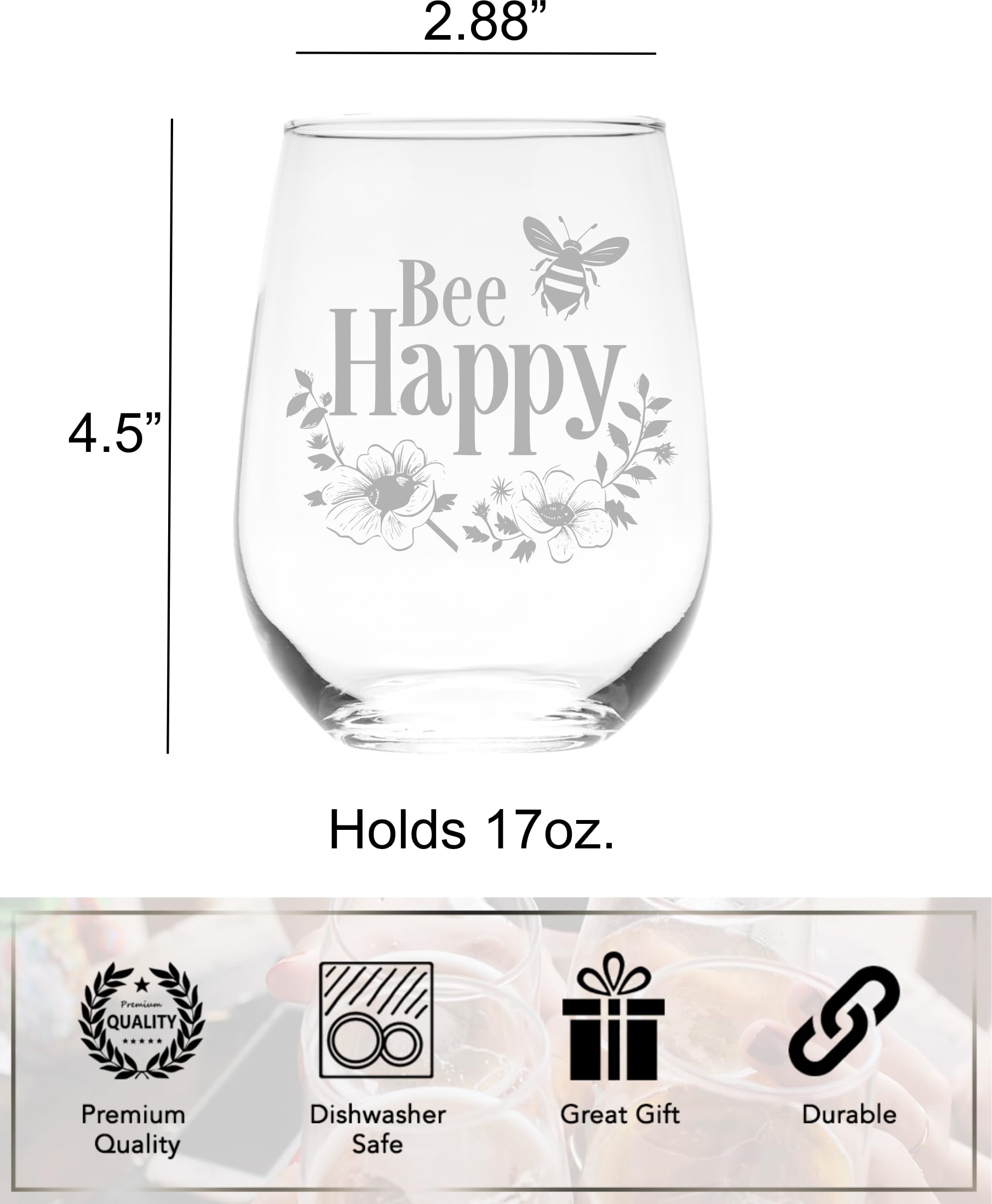 dishwasher safe stemless wine glass with bee design
