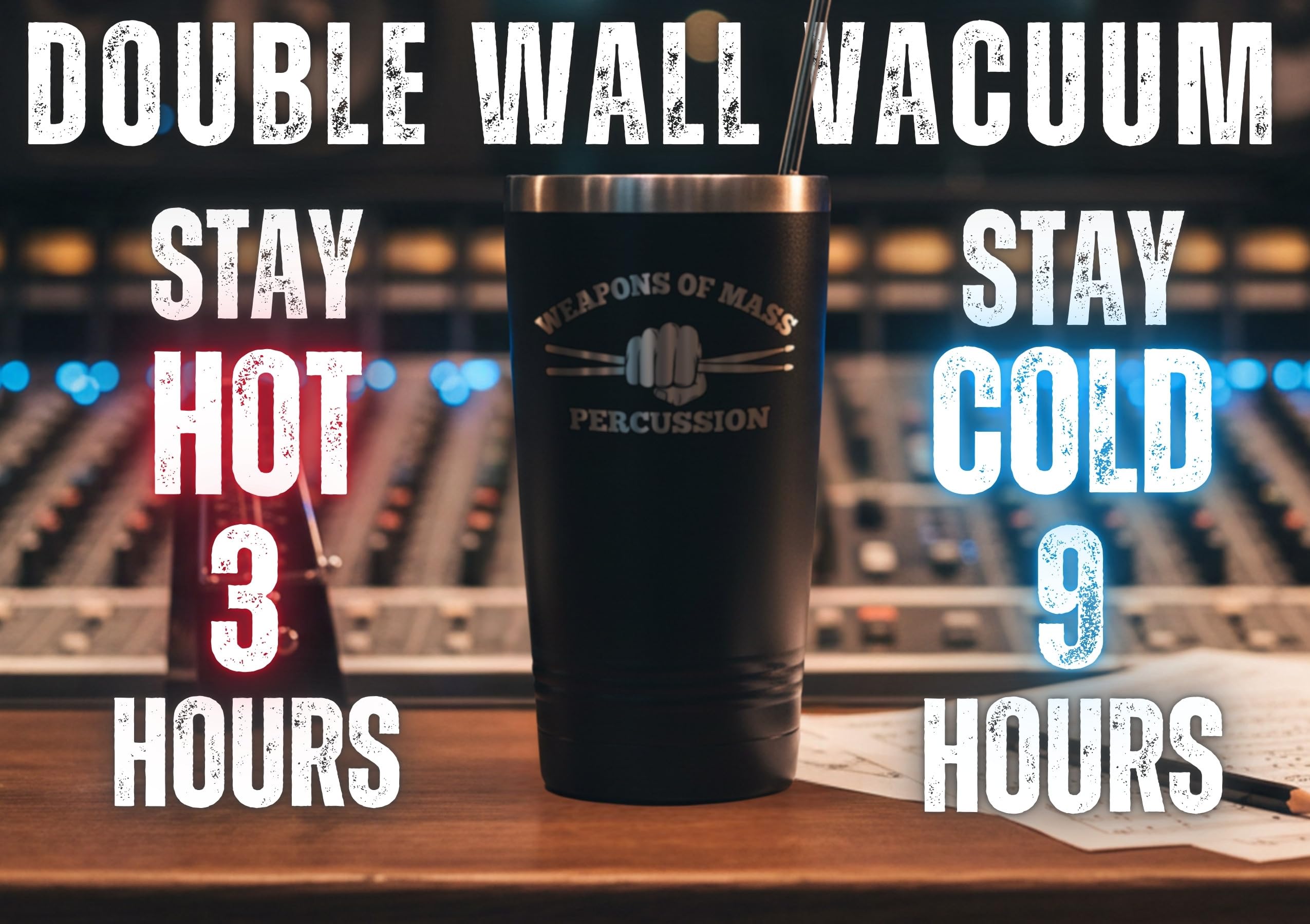 Double-wall vacuum insulated tumbler keeps drinks hot or cold