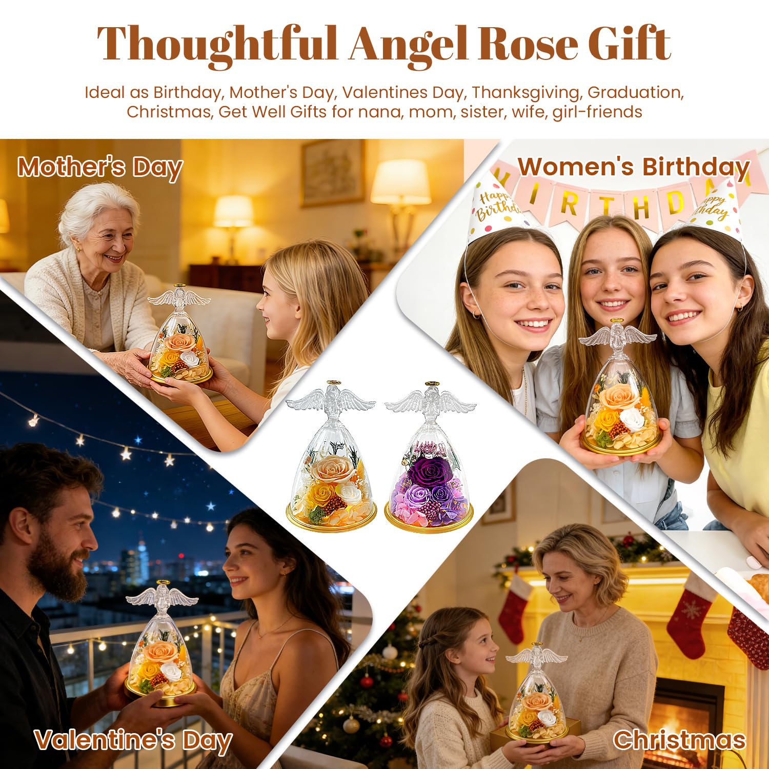 Clear acrylic angel figurine displays Forever Real Roses by Chosiarose