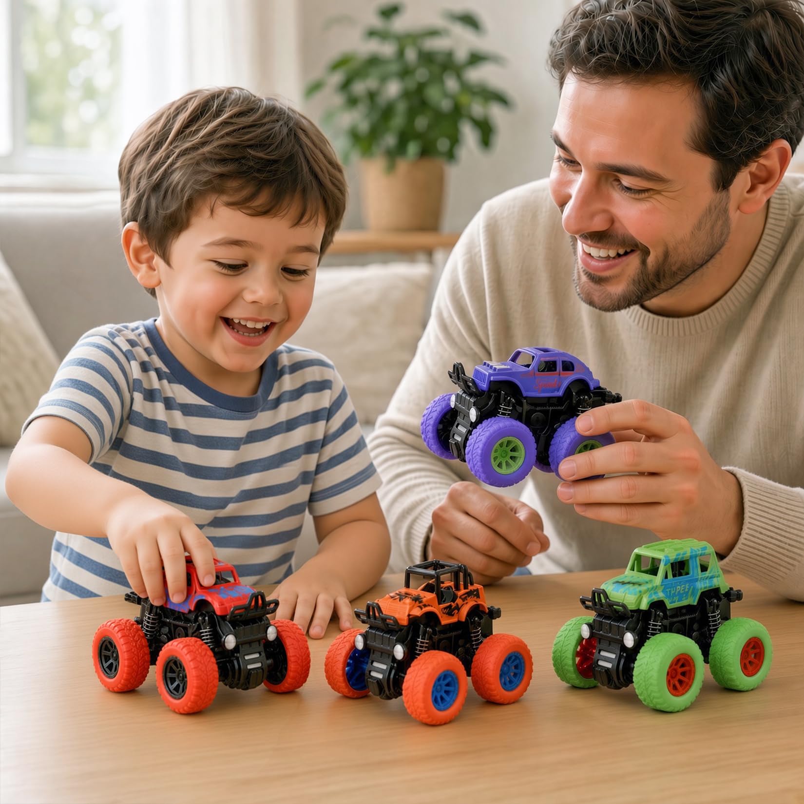 Brightly colored monster trucks set ready for gifting