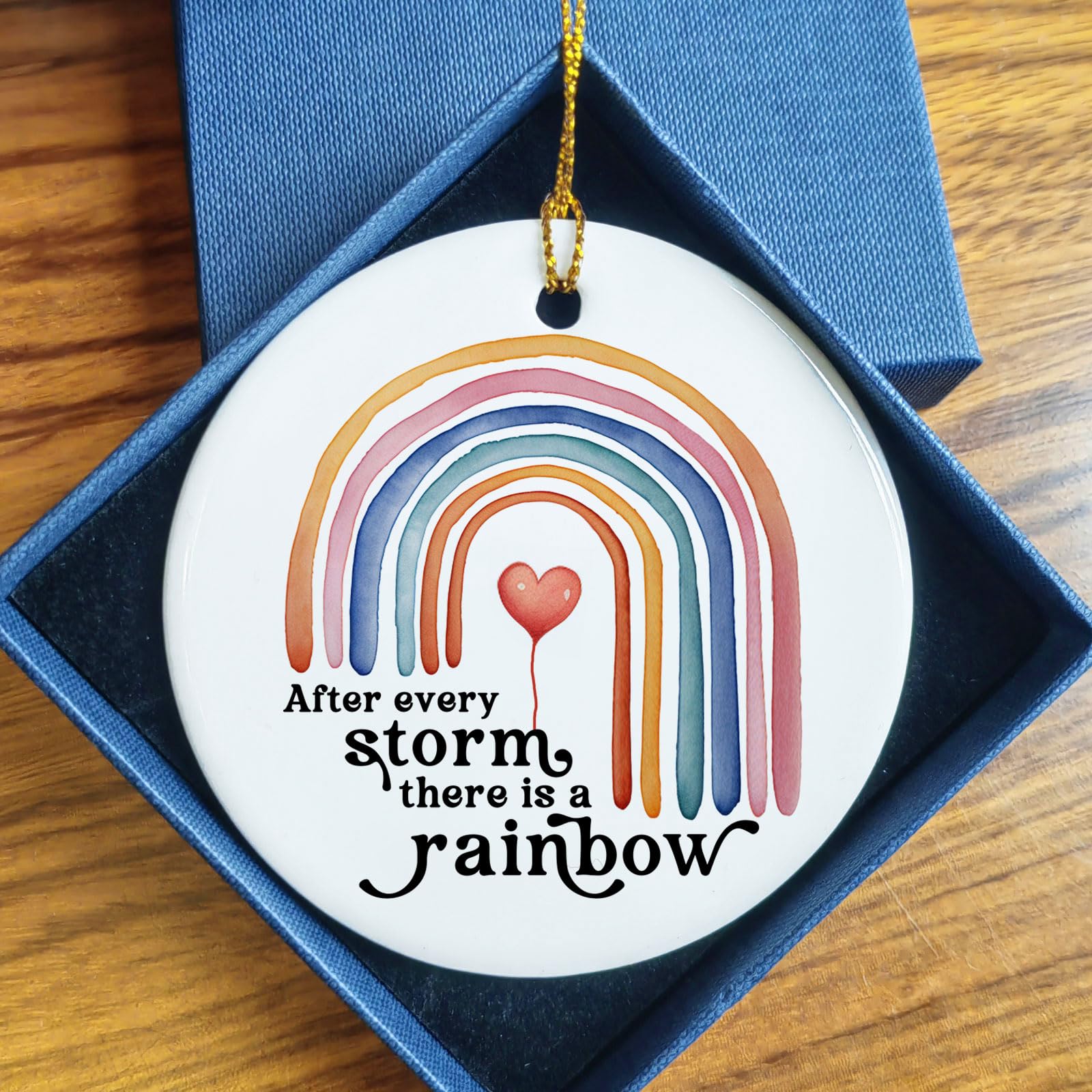 Gift box packaging for rainbow ornament ready to give