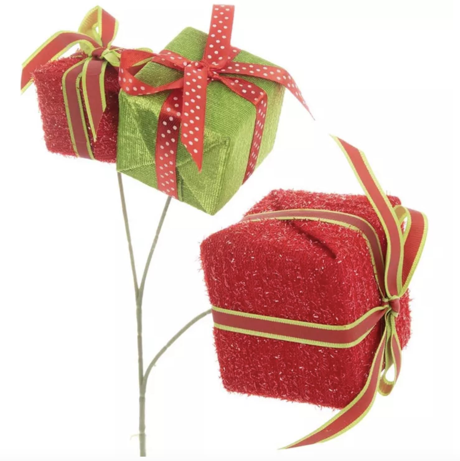 Gift Boxes Pick Christmas ornament with red and green fabric wrapped gift boxes