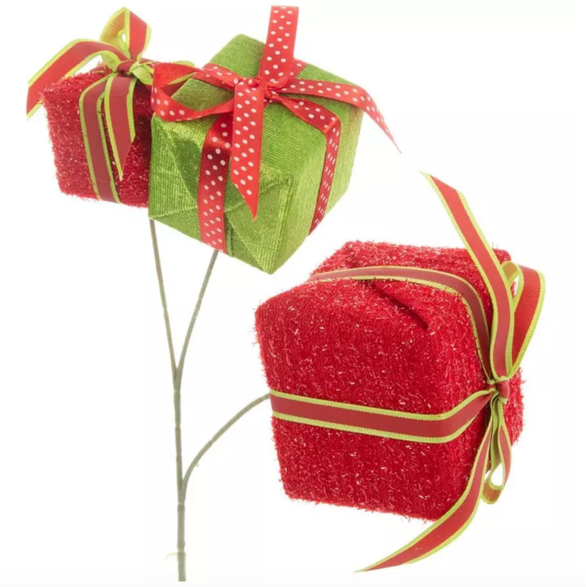 Gift Boxes Pick Christmas ornament with red and green fabric wrapped gift boxes