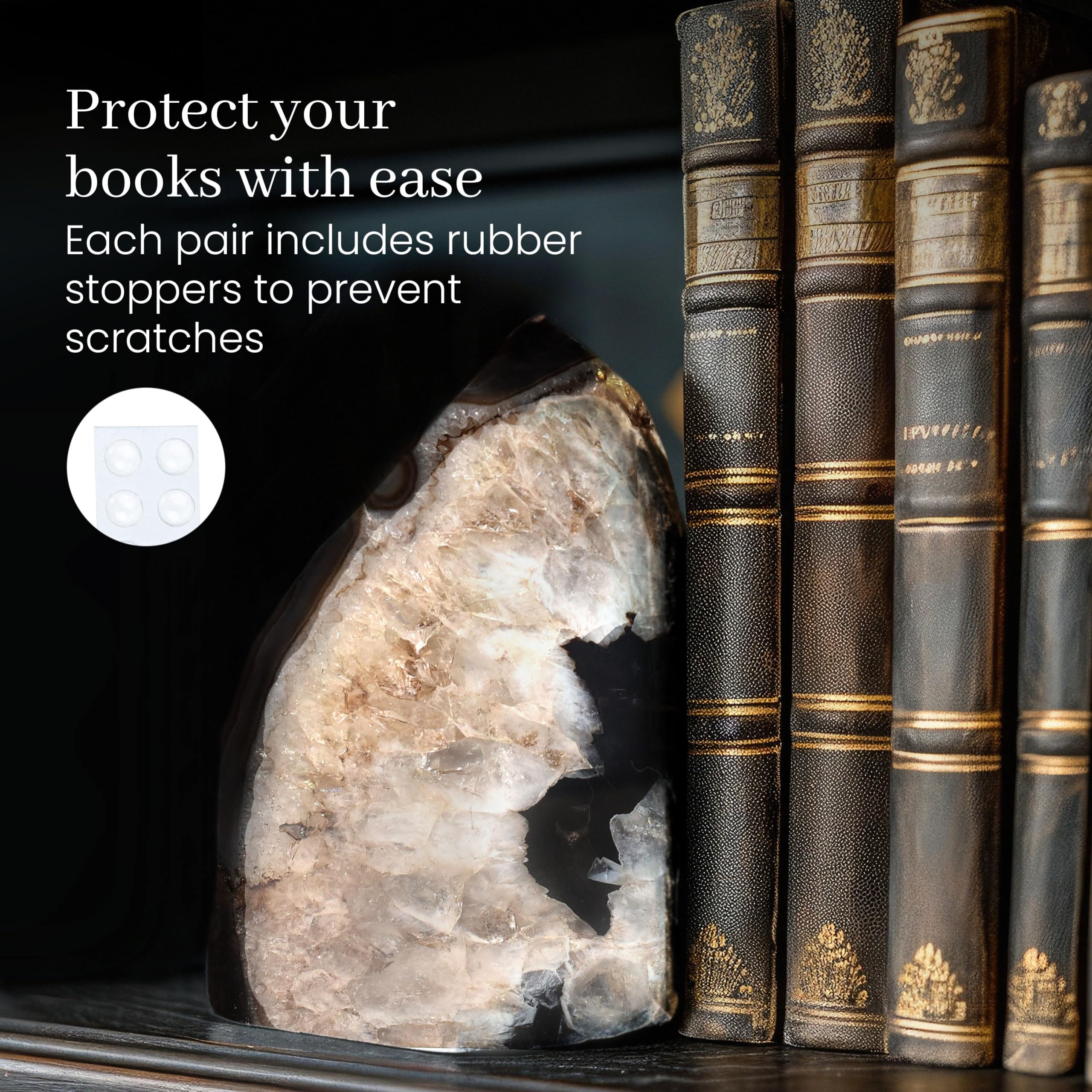 Heavy-duty bookends with plastic stoppers on shelves