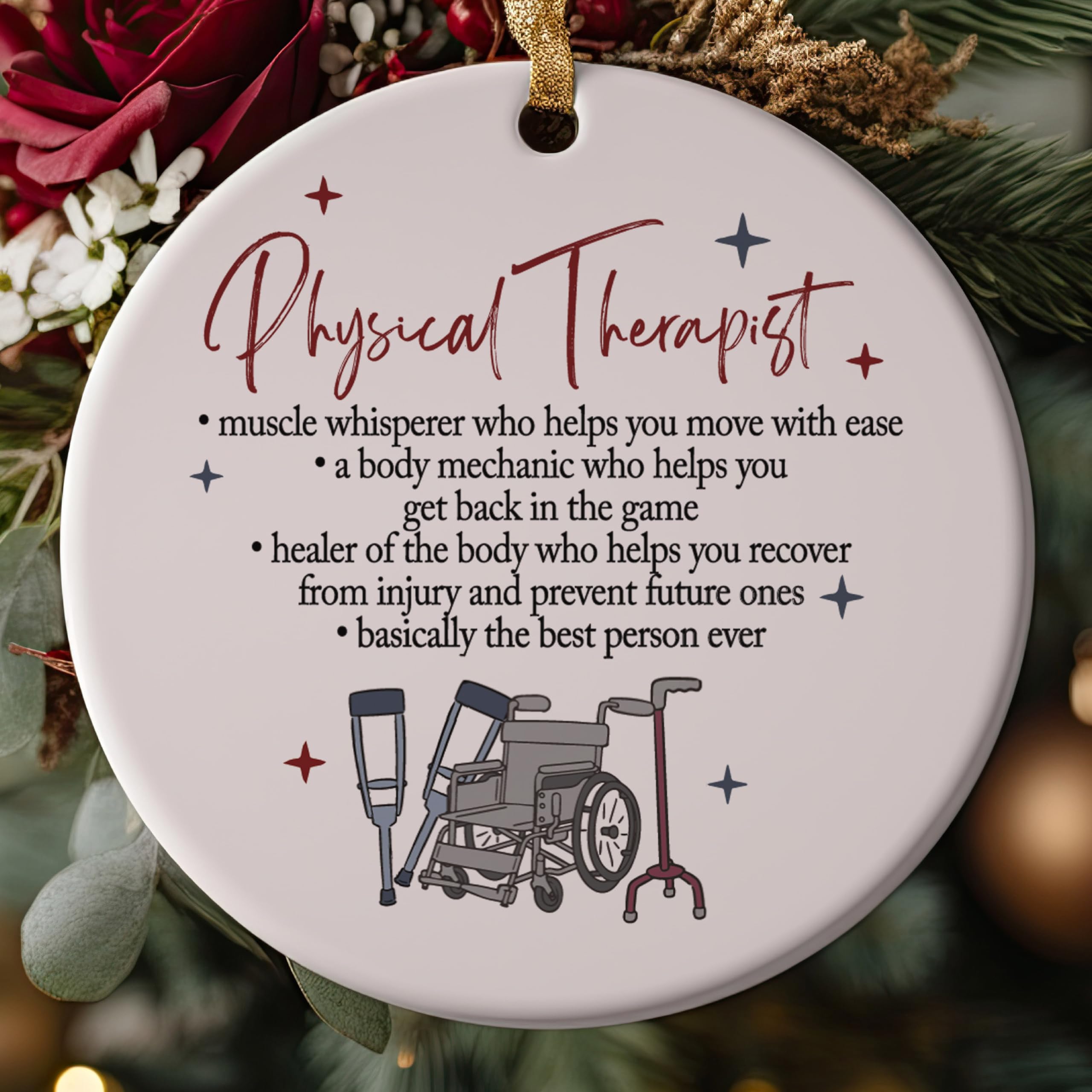 Red and gold ribbons with coordinating gift box included with ornament