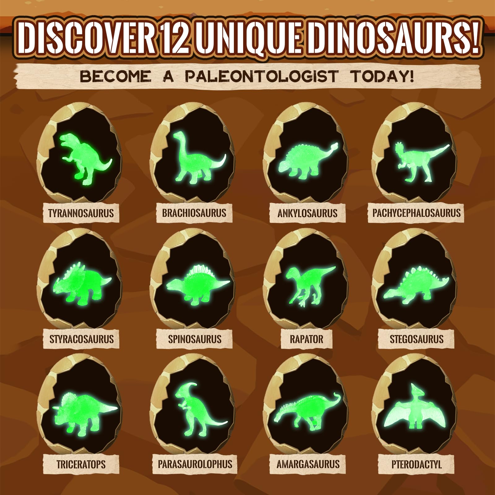 Gift-ready dinosaur excavation kit in colorful display box