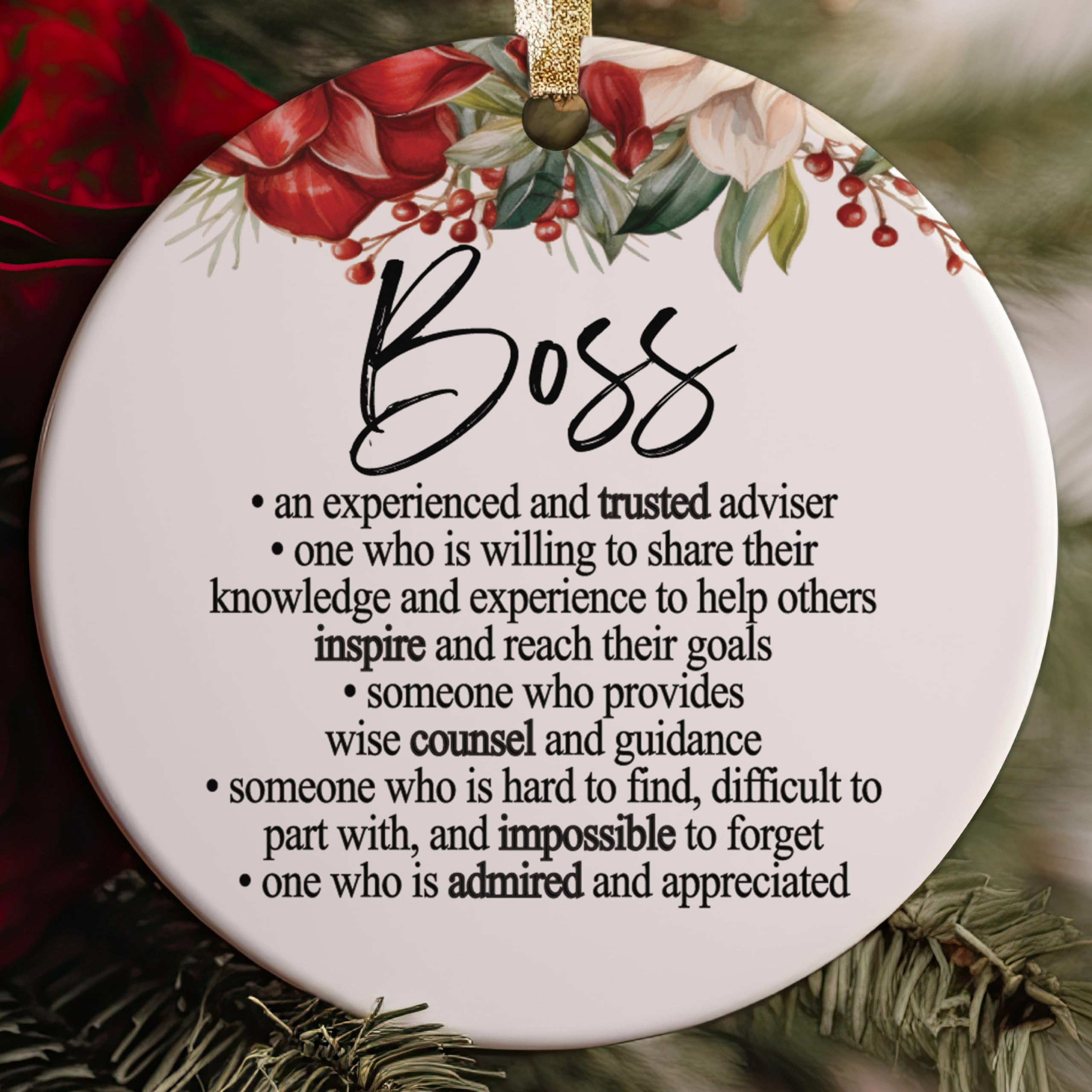 Gift-ready ornament with red and gold ribbons and gift box