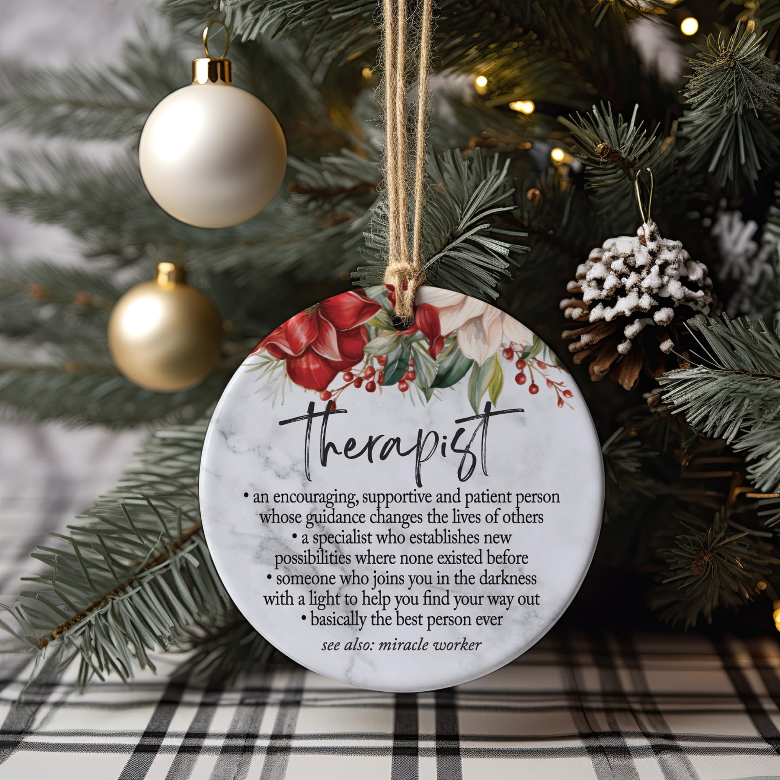 Gift ready ornament with red and gold ribbons and box