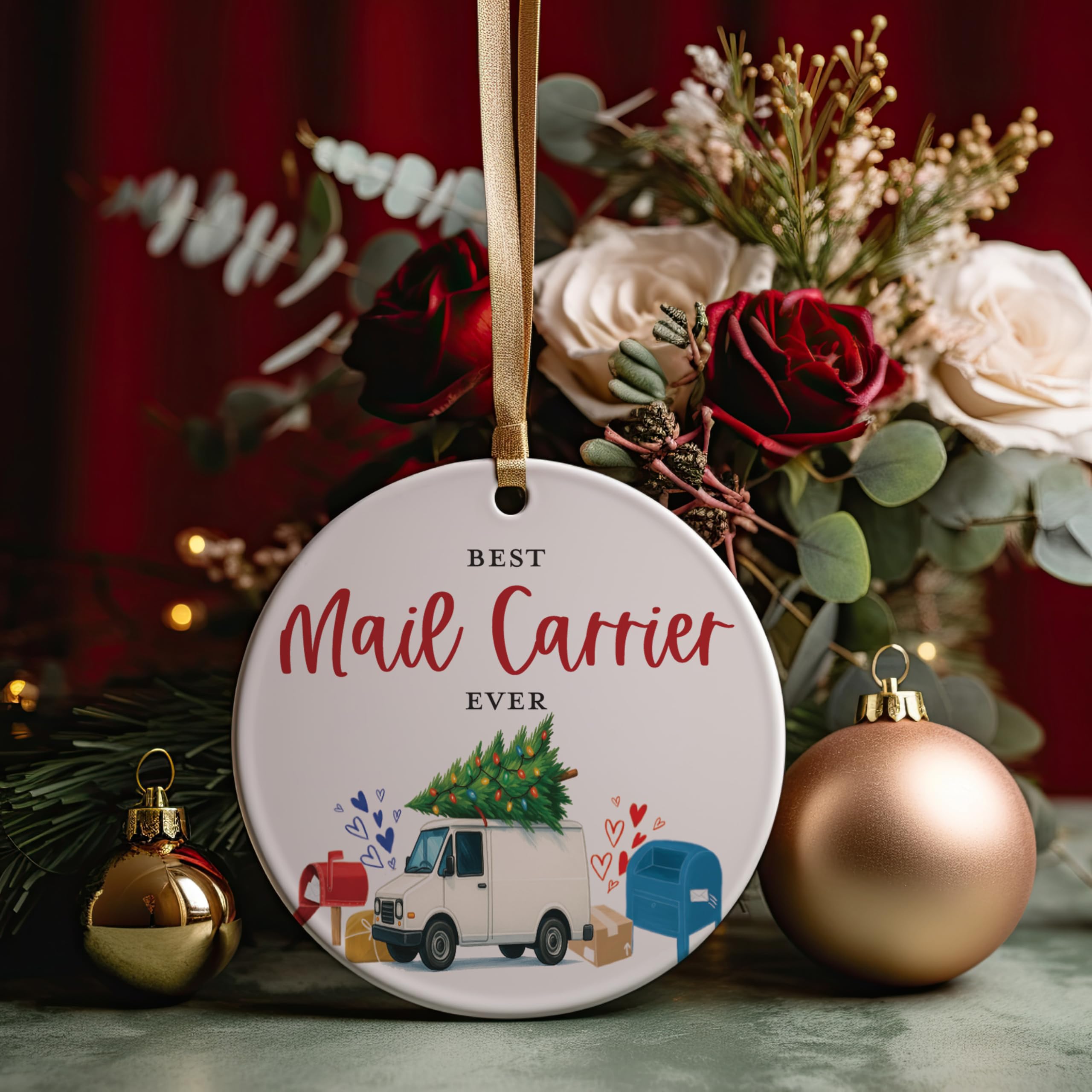 Gift-ready postal worker ornament with To From tag packaging