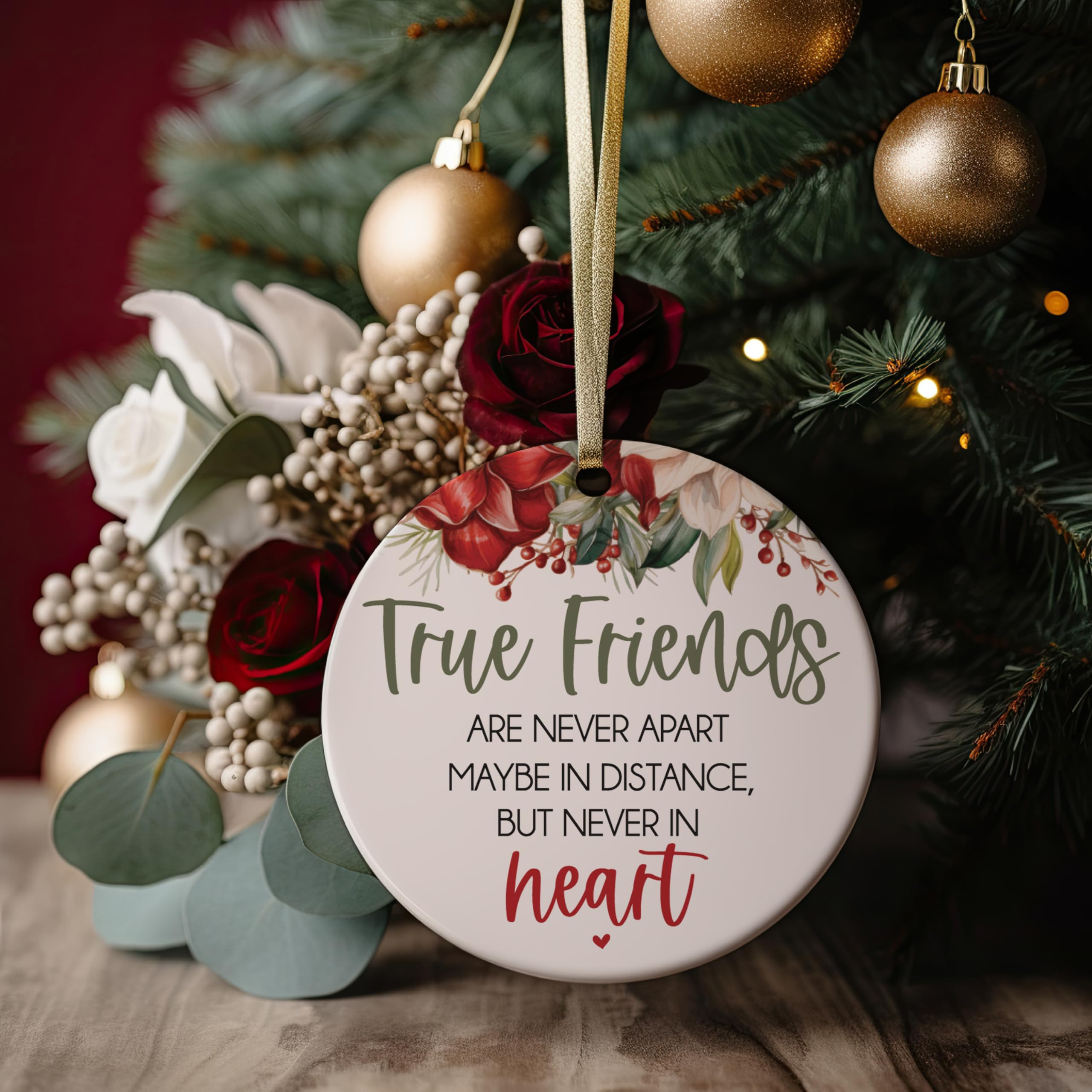 Gift-ready ornament with red and gold ribbon box