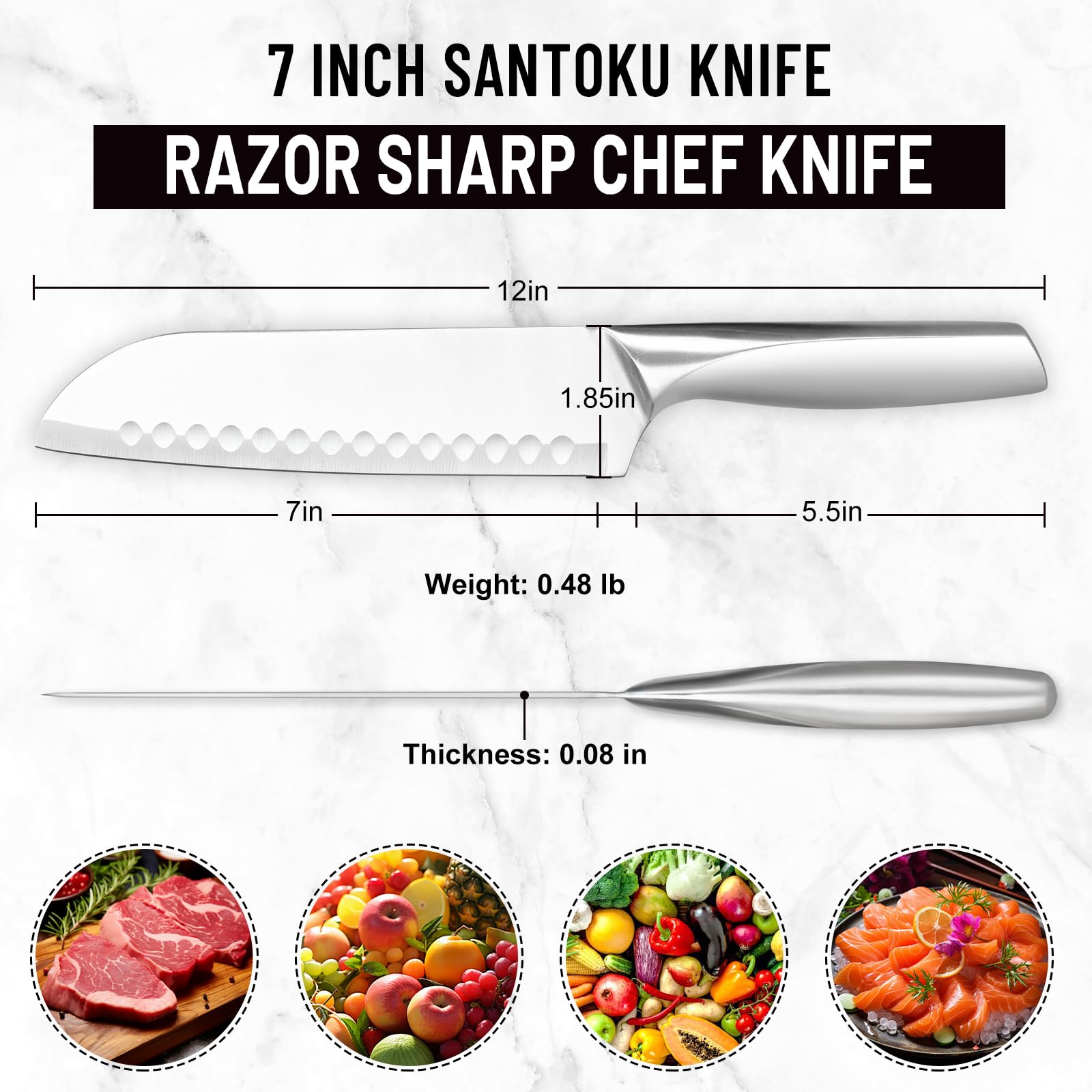 Kitchen use showing slicing and dicing with Santoku knife