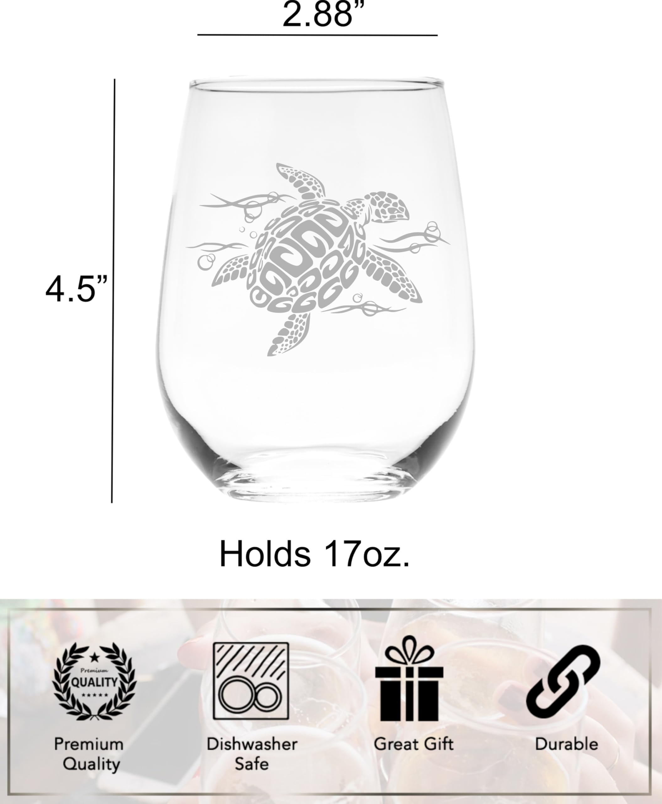 Dishwasher safe stemless wine glass sea turtle etching