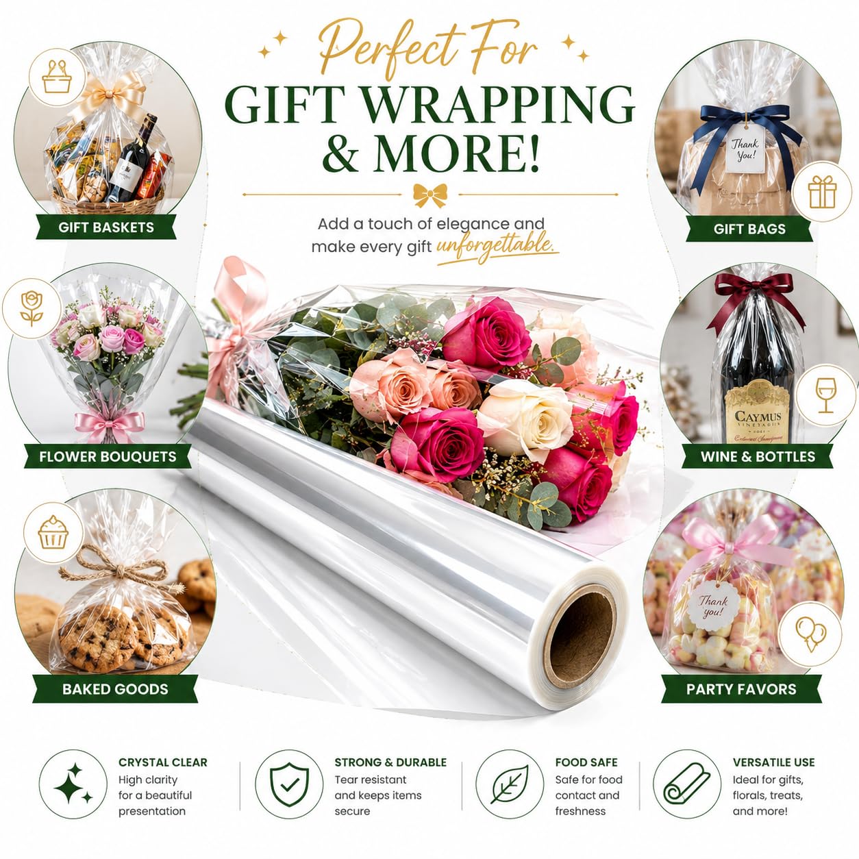 Floral arrangements wrapped with transparent cellophane wrap roll