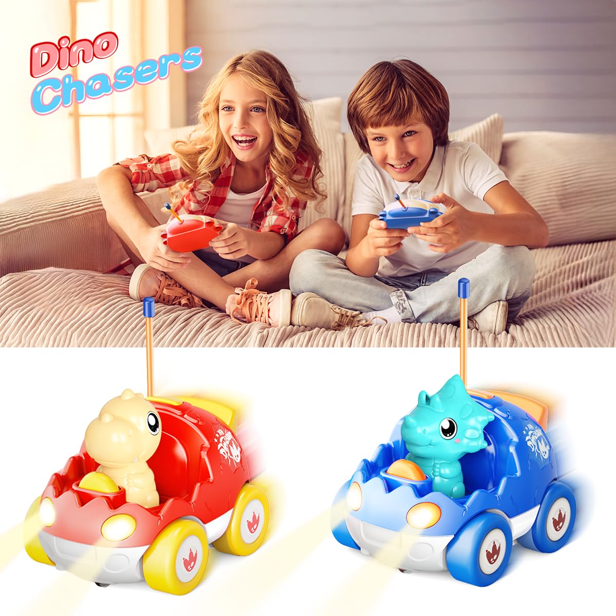 Giftable dino remote control car set for hard flat surface play