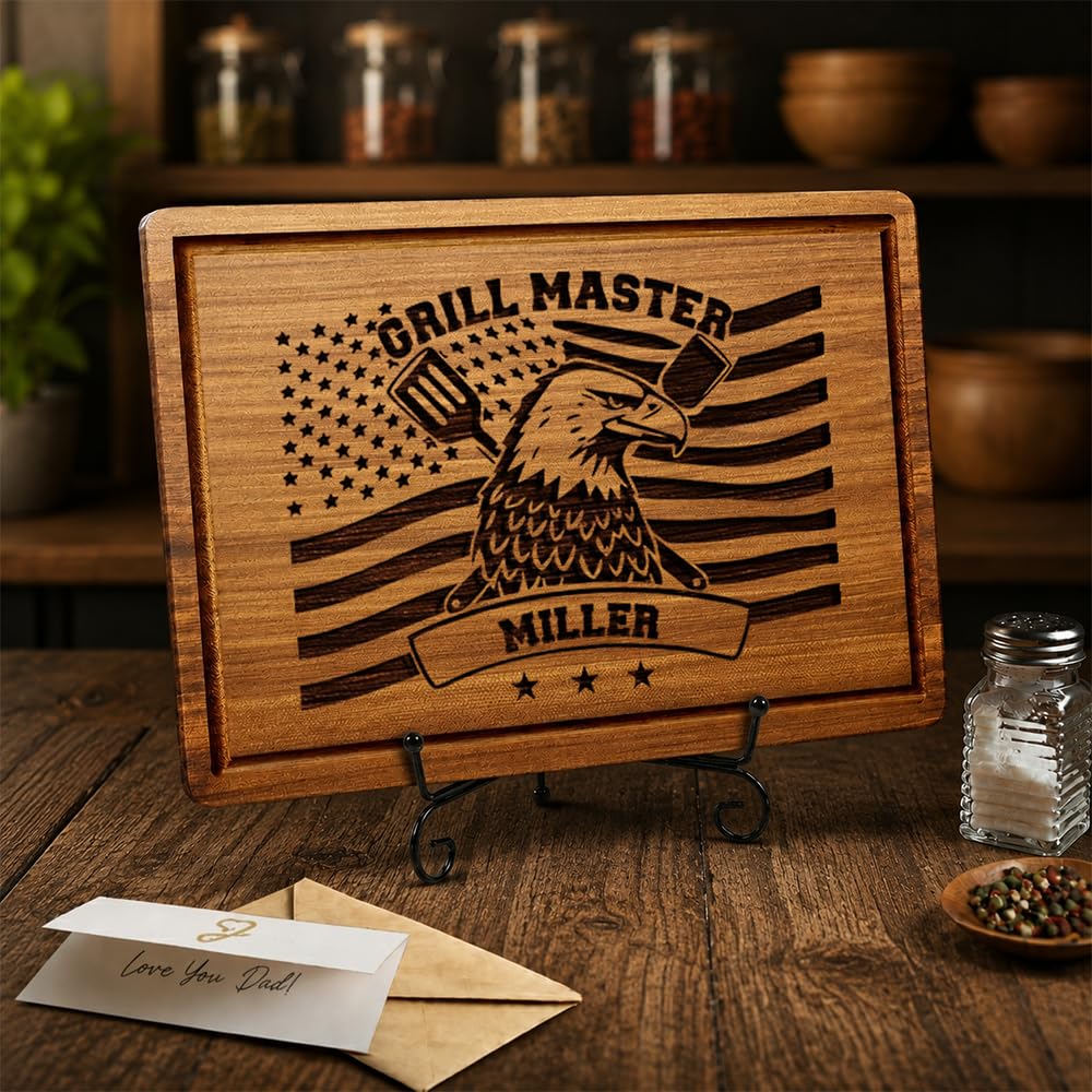 Bamboo cutting board for BBQ with juice groove and handles GiftsToEngrave