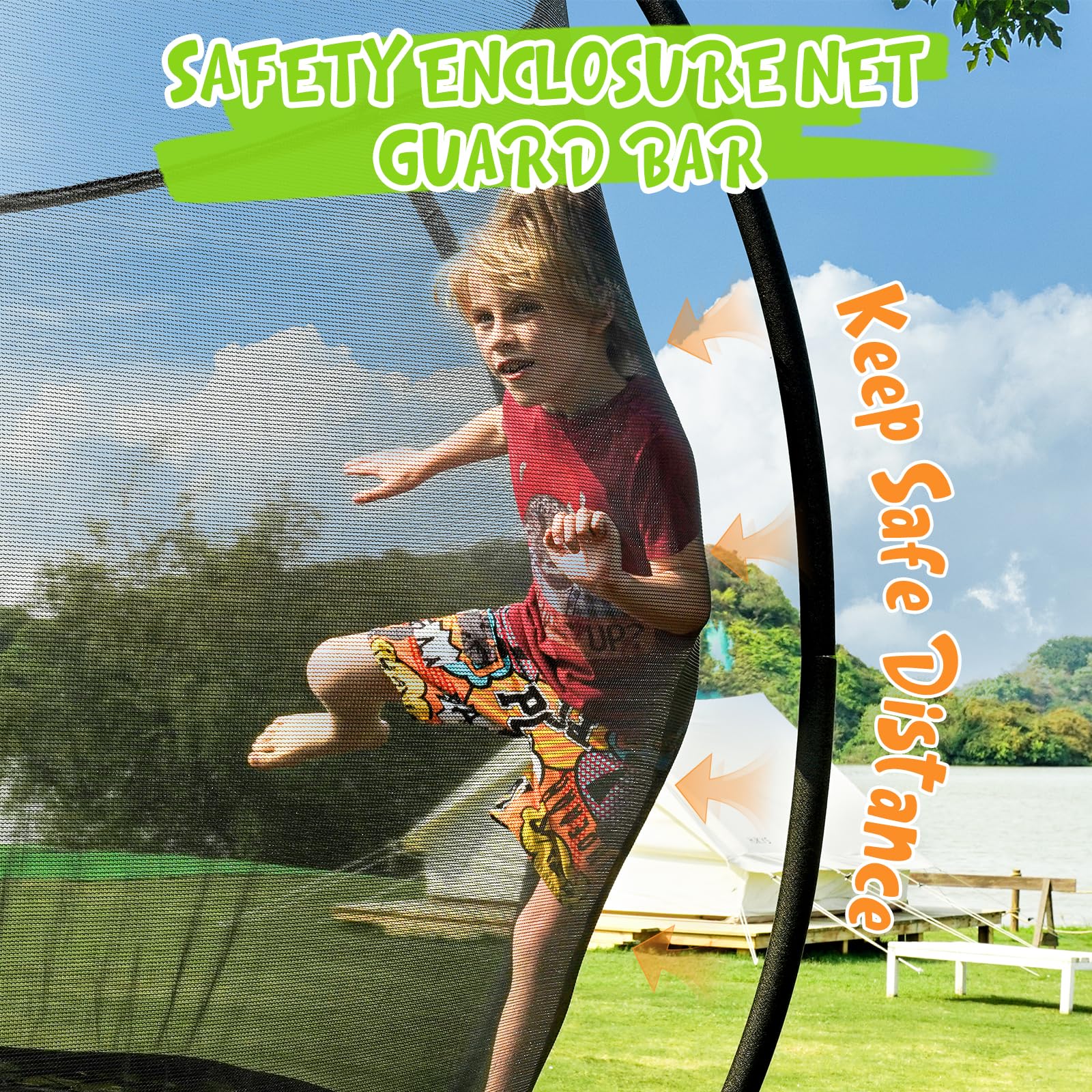 Curved safety poles with foam on Gigu trampoline