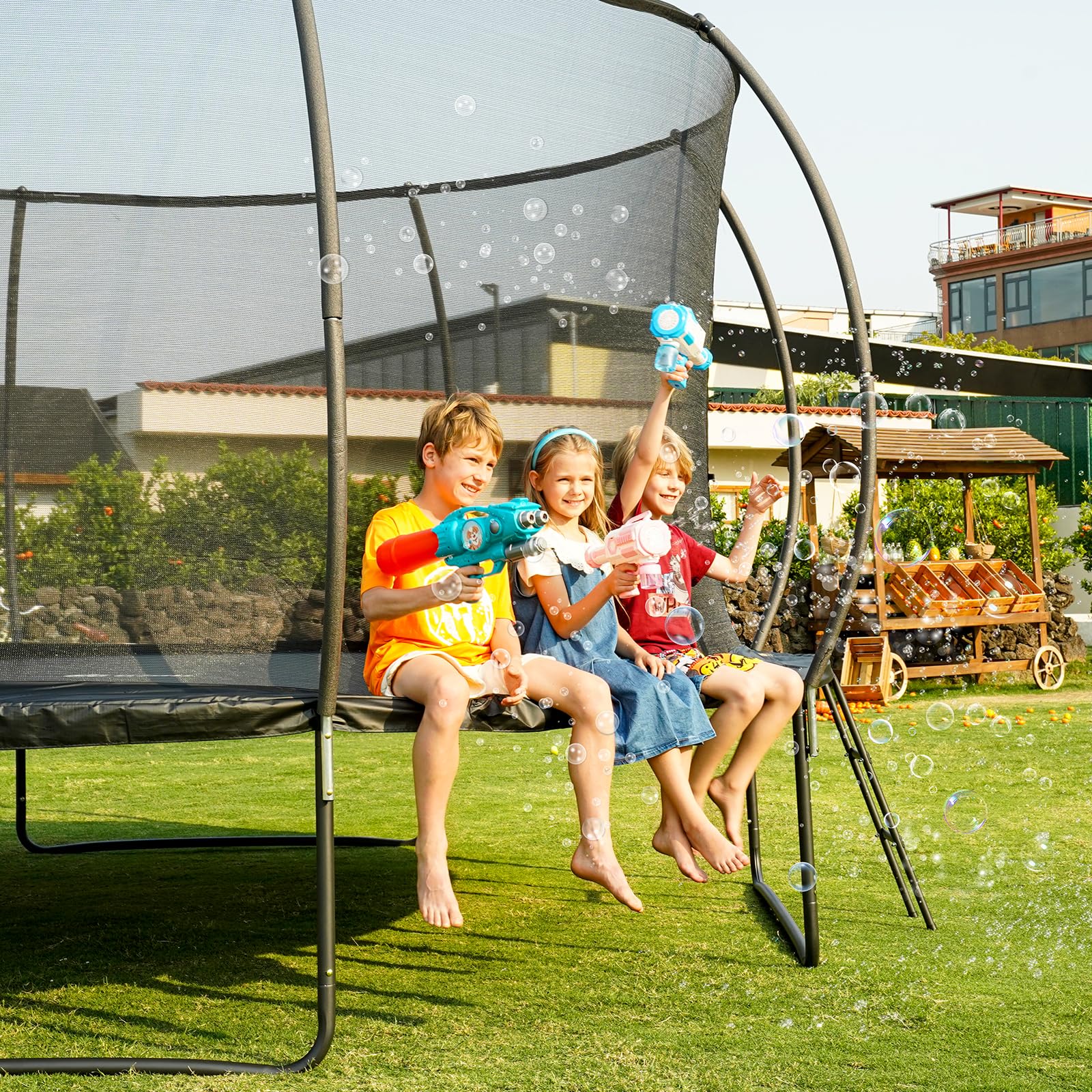 Backyard trampoline setup by Gigu for kids