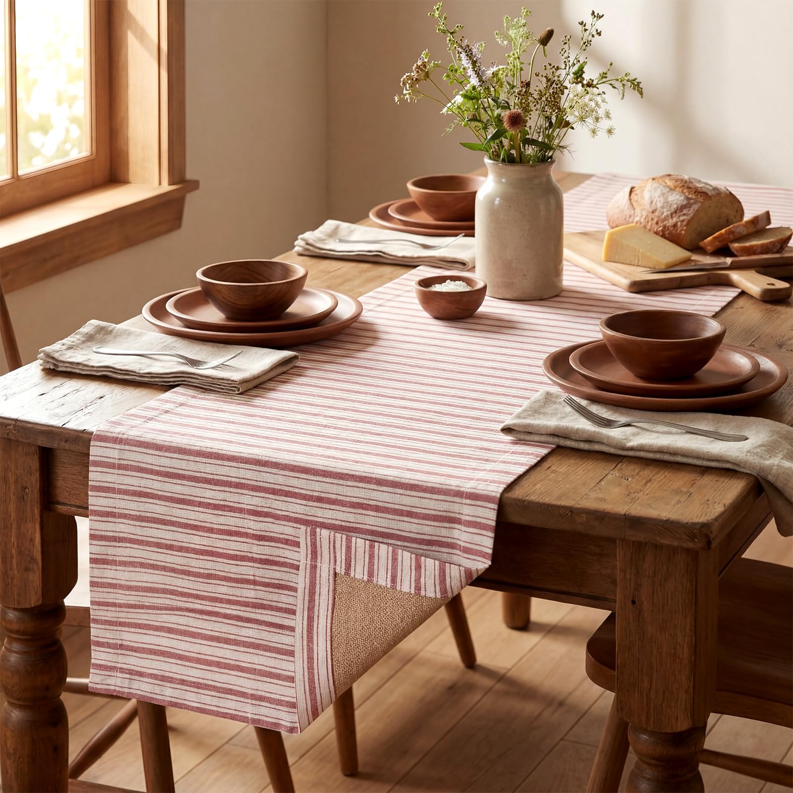 Gilprop 13 x 72 inch red striped linen table runner on dining table