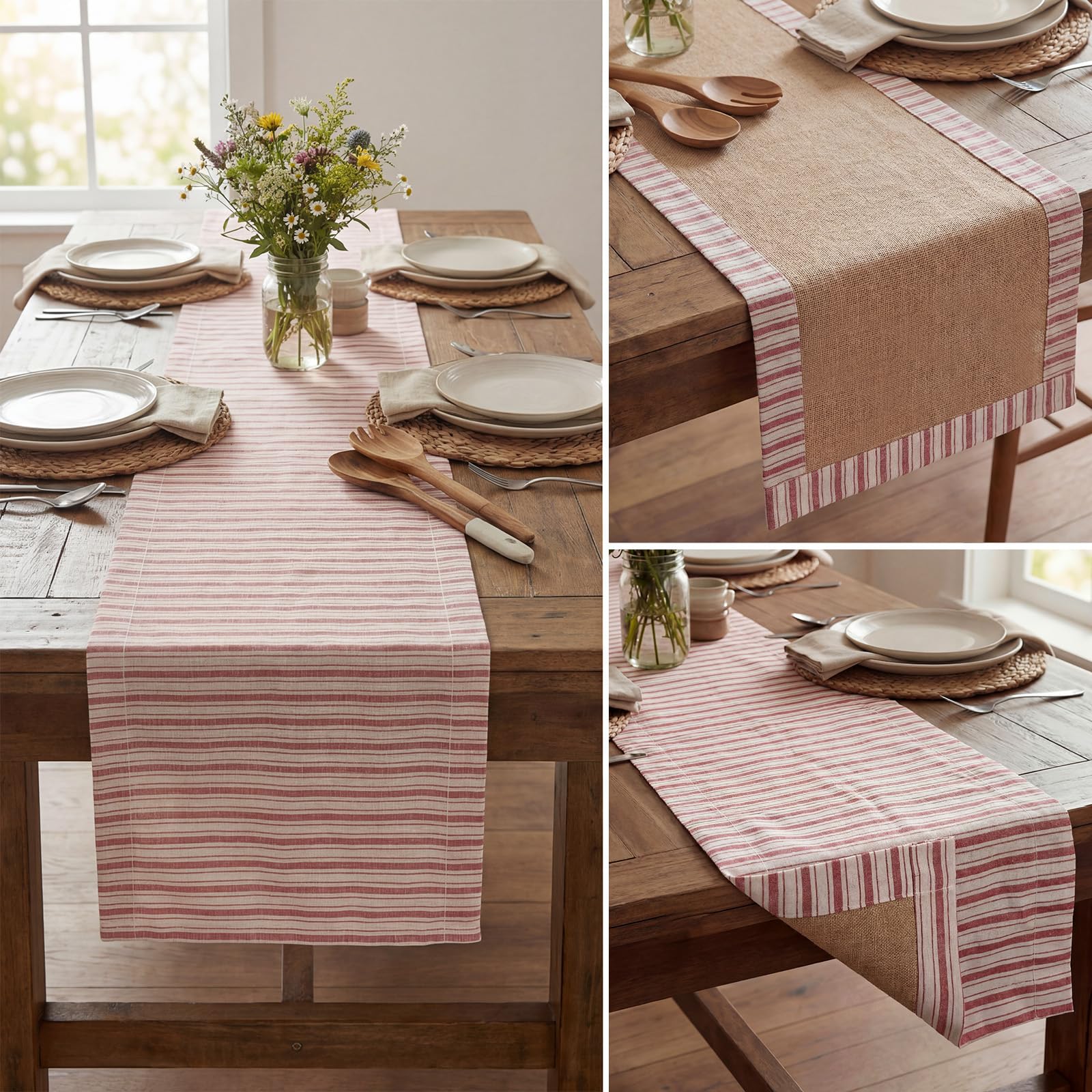Farmhouse dining setup featuring Gilprop red striped table runner