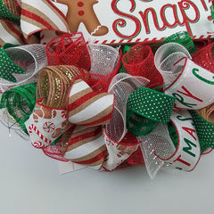 Removable Gingerbread sign on red white mesh wreath