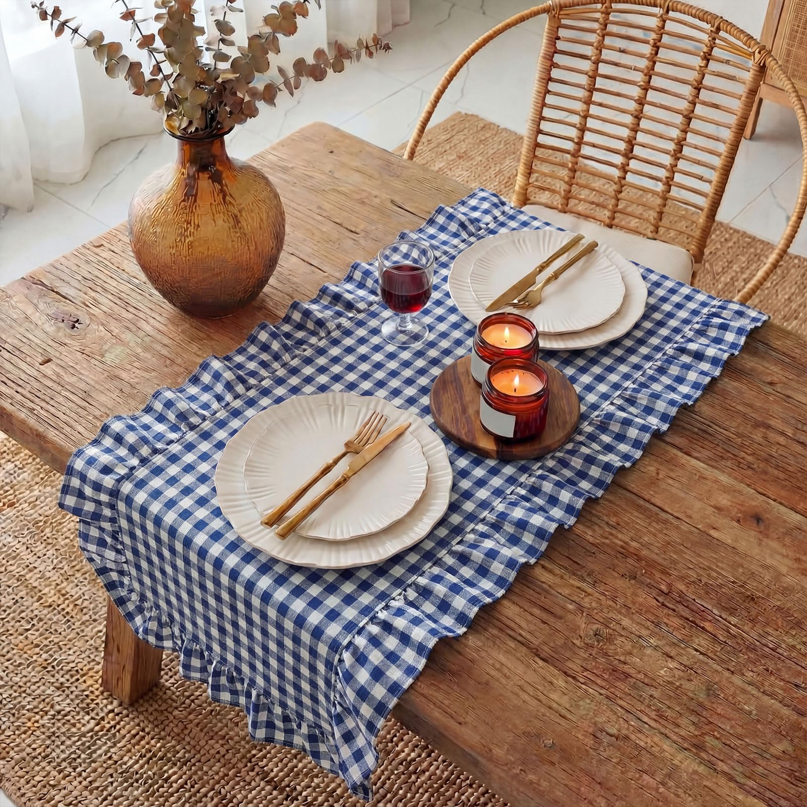Gingham patterned table runner suitable for kitchen and buffet