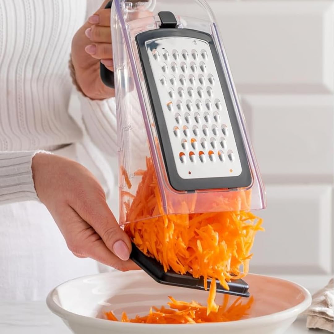Three blade grater for cheese vegetables and zest with collection tray