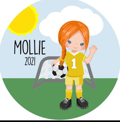 Girl Soccer Player Ornament Red Hair 3 inch diameter includes hanging ribbon