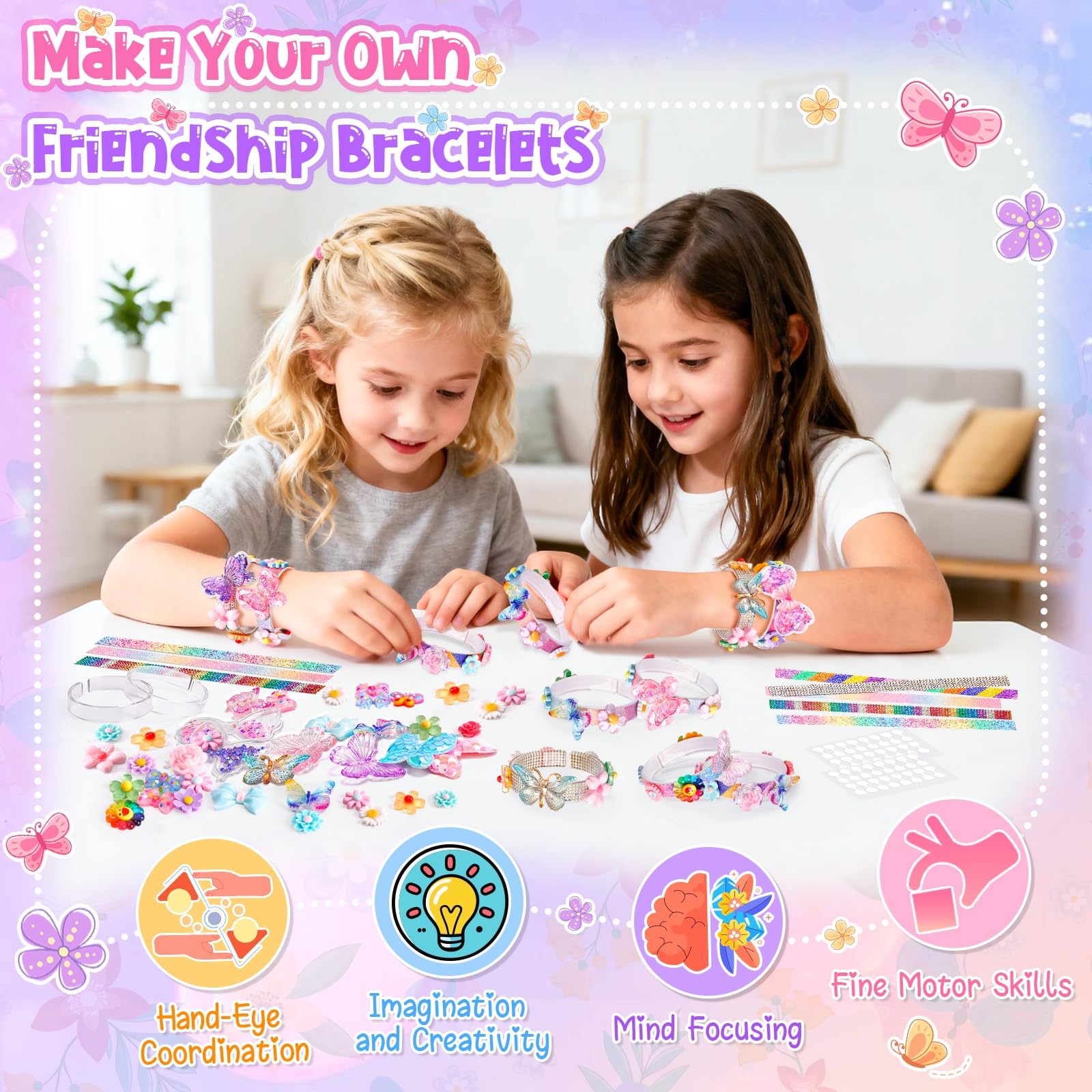 Glitter strips included in bracelet making kit for girls