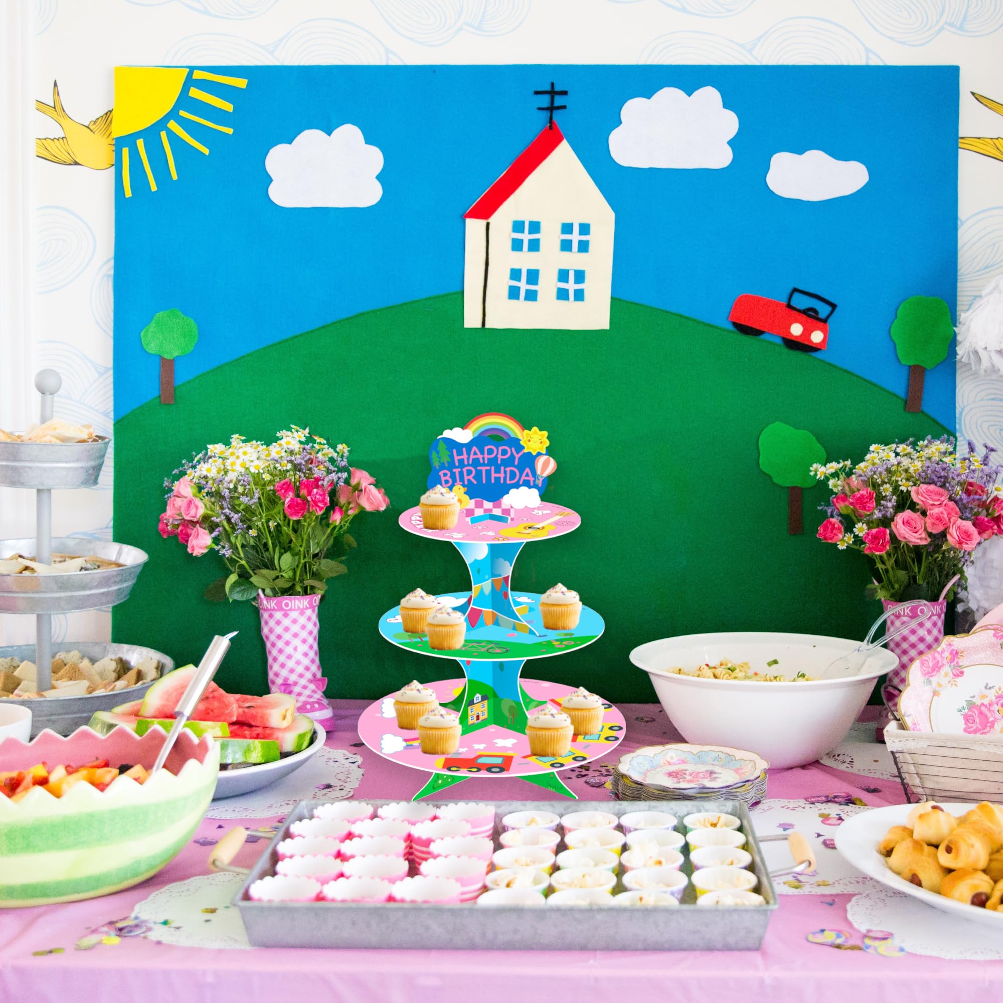 Pink cartoon cupcake stand girls party decor