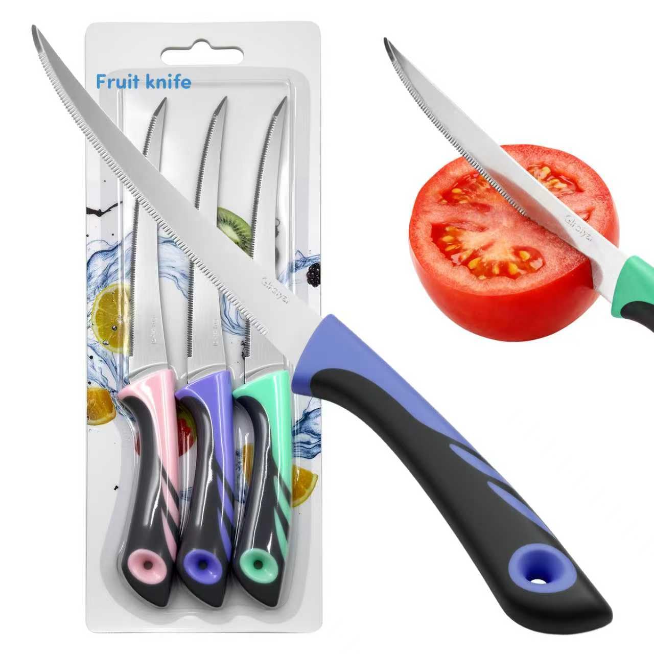 GIroiyai tomato knife set 3 pack serrated blades closeup