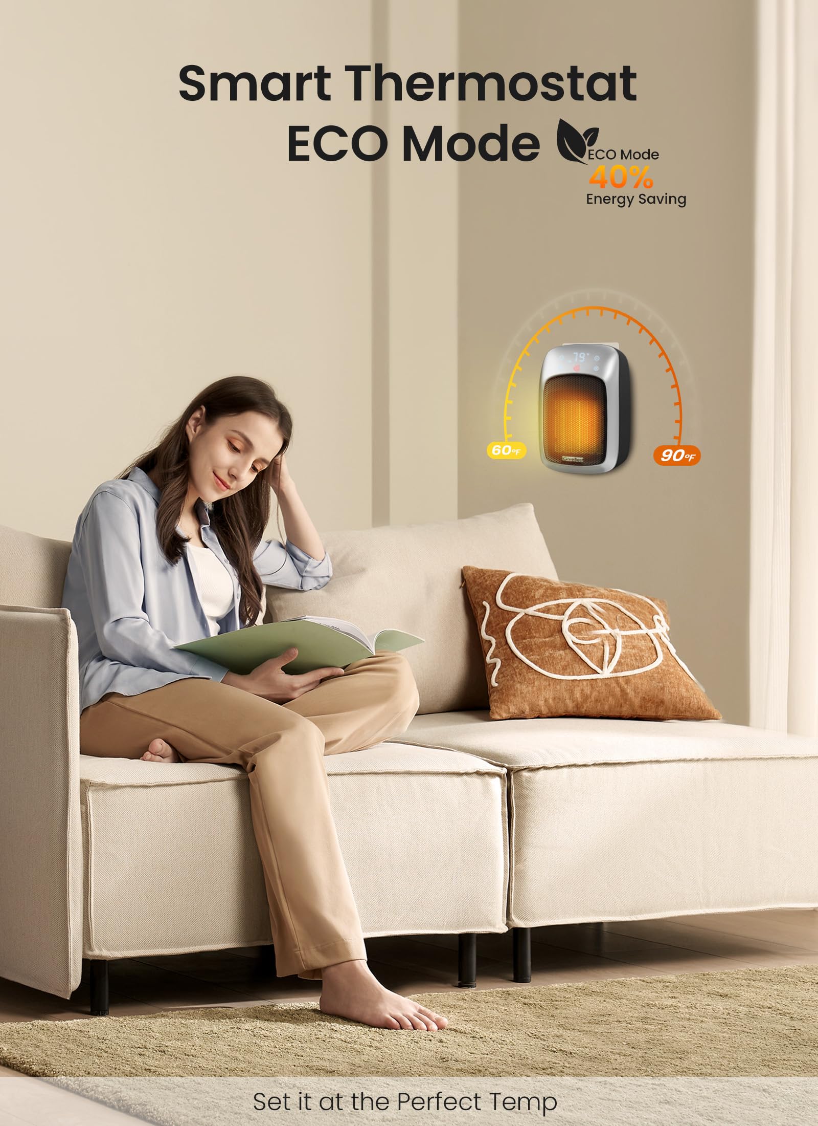 Compact wall outlet space heater with rotating plug