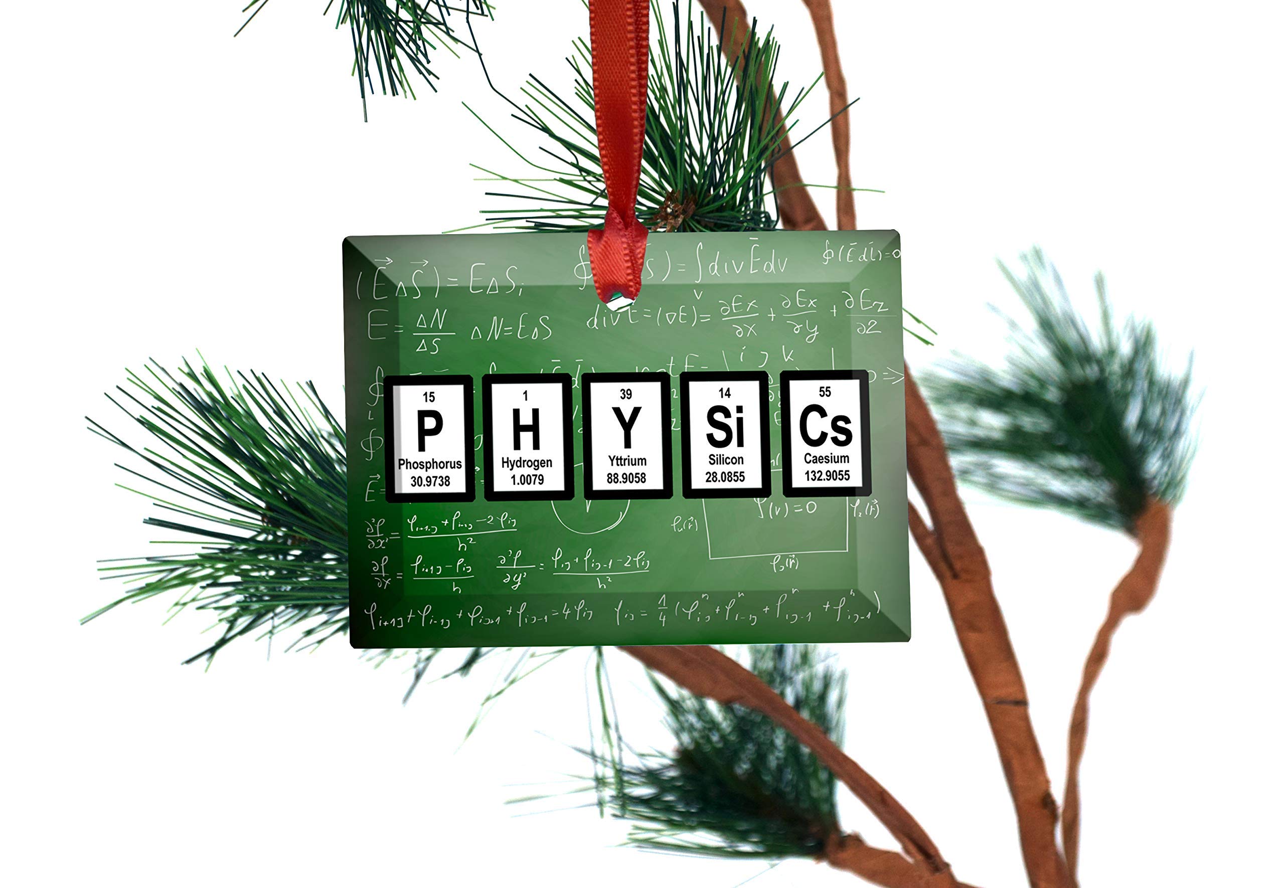 Glass ornament with periodic table design and red hanging ribbon