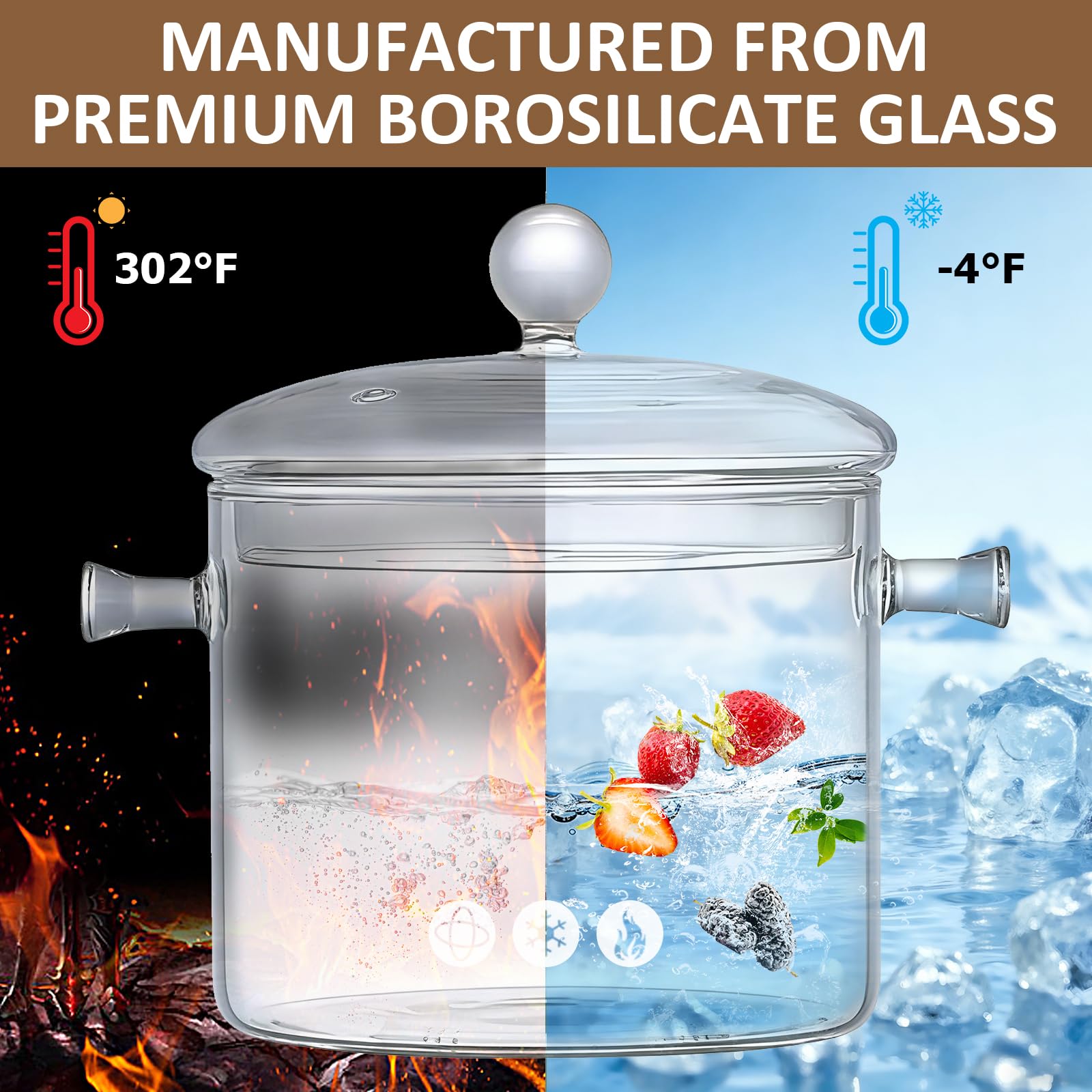 Glass cooking pot 1.3L to 4L size options illustration