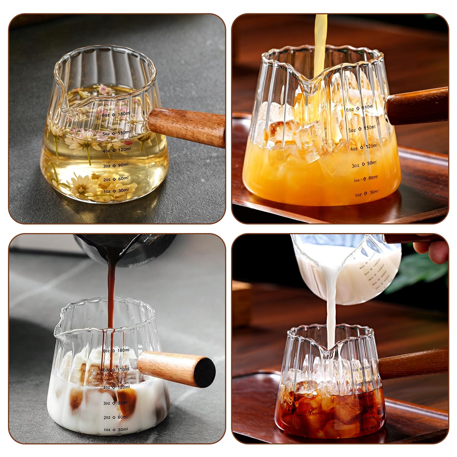 Double scale measuring glass for espresso and coffee