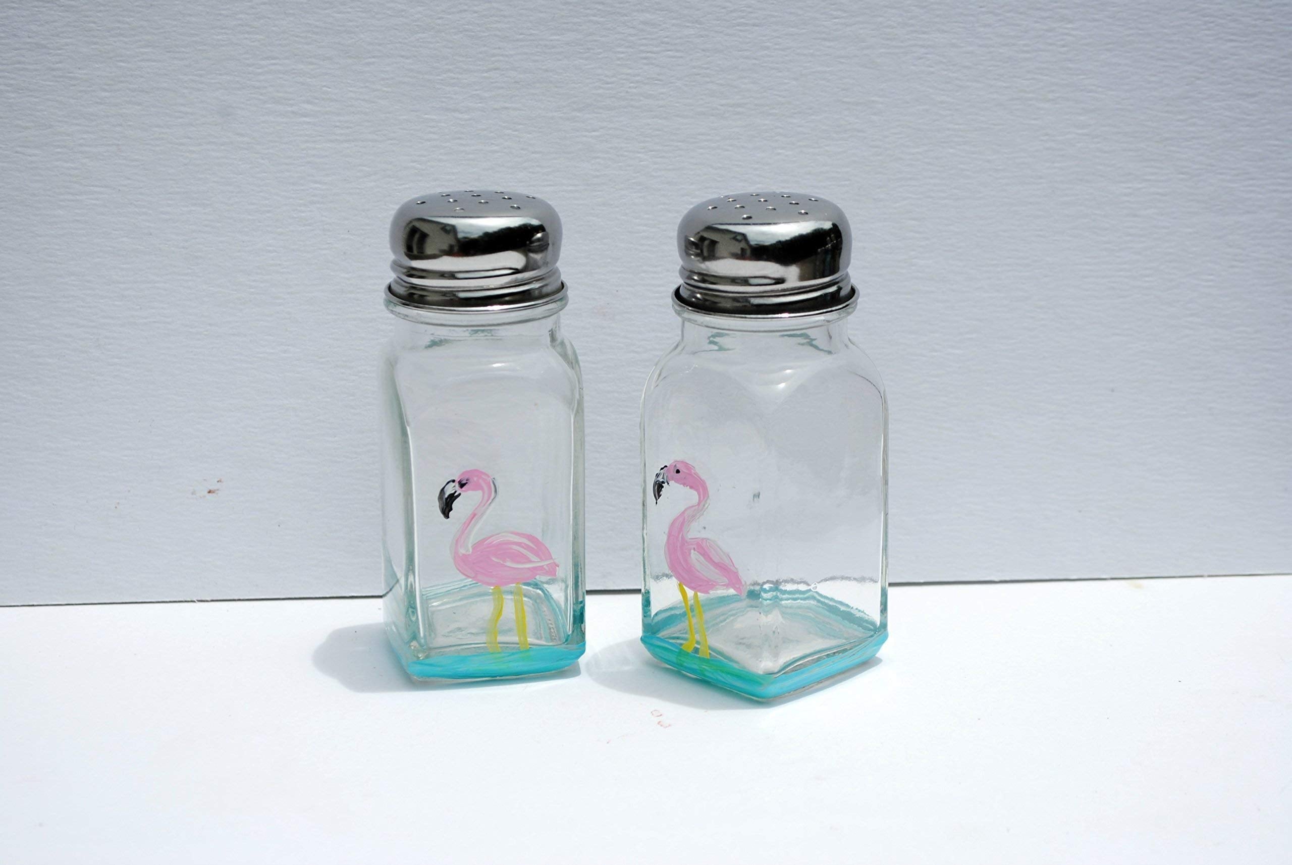 Hand painted by artist flamingo salt and pepper shaker set