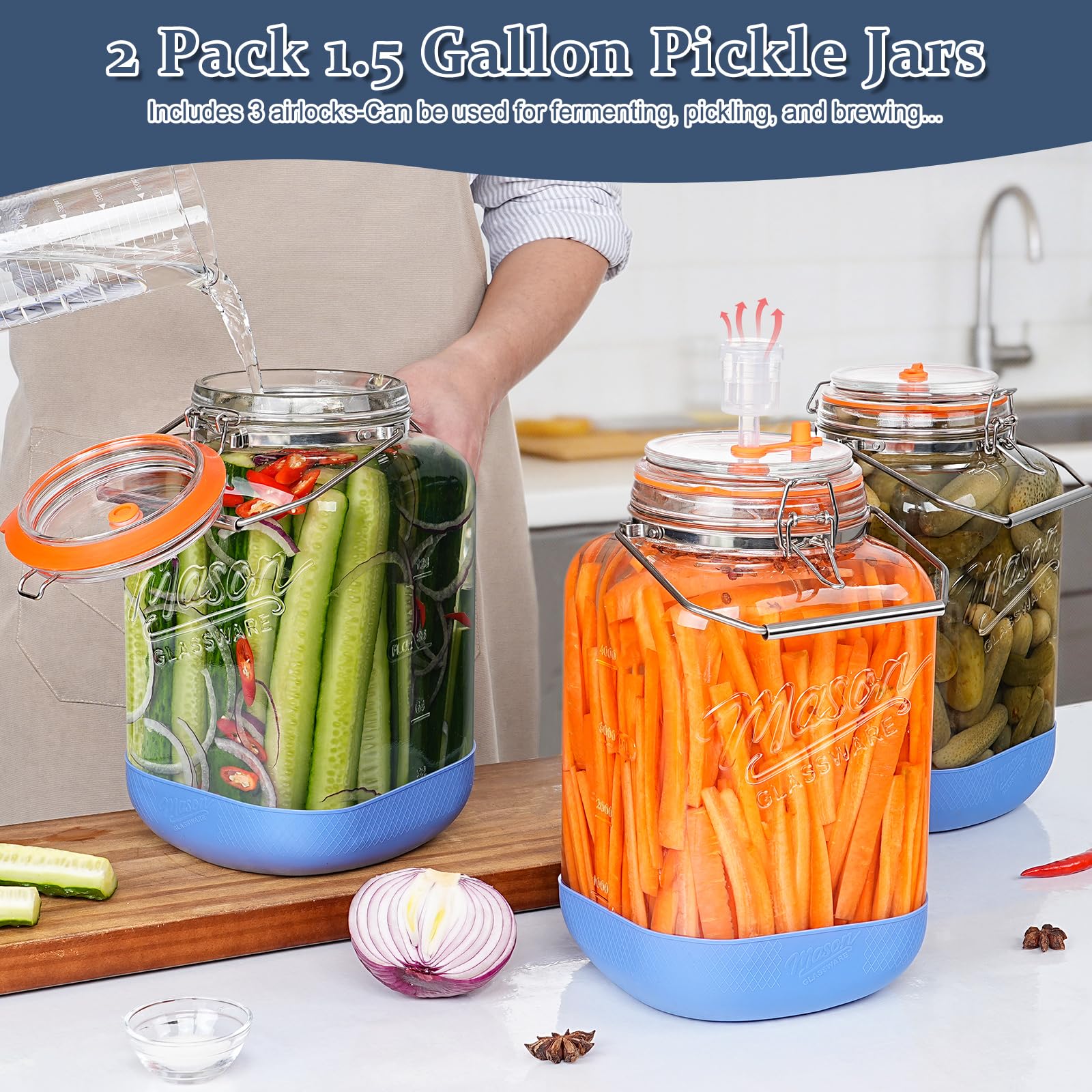 Glass jar with airlocks and stainless steel handles