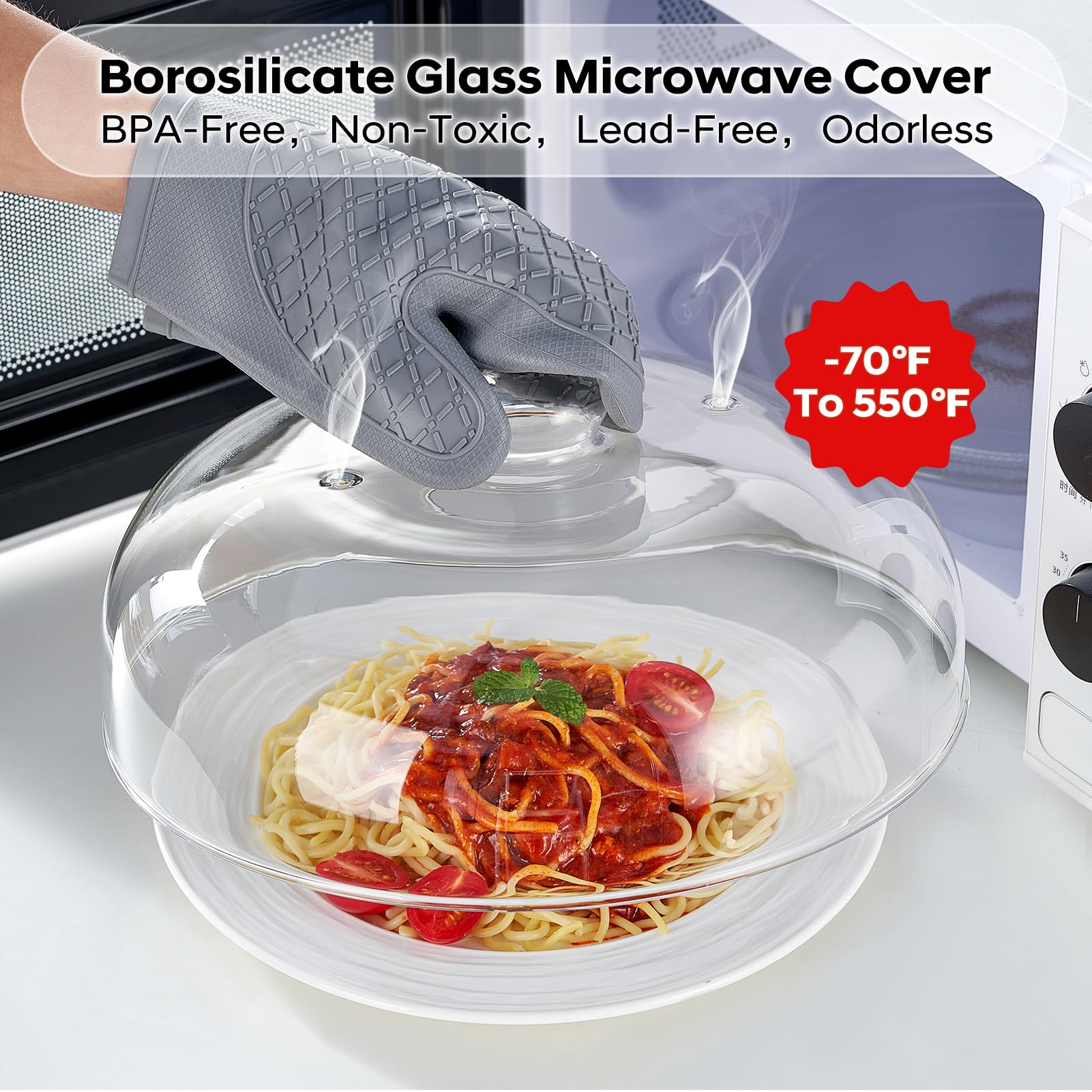 All glass tall splatter guard with handle for heating food
