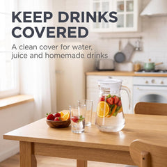 Splash resistant lid protects glass pitchers from dust