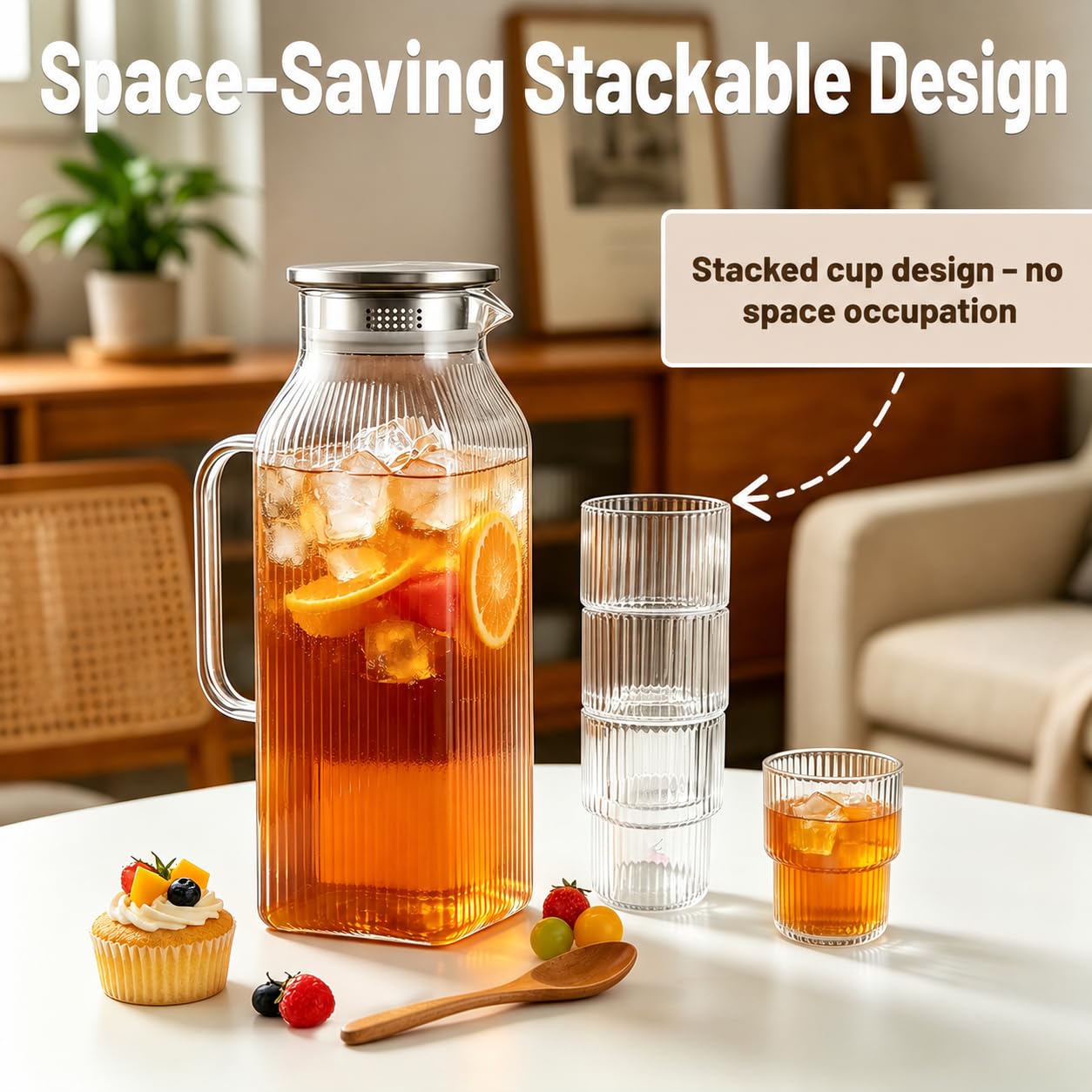 Glass pitcher set with four stackable drinking glasses