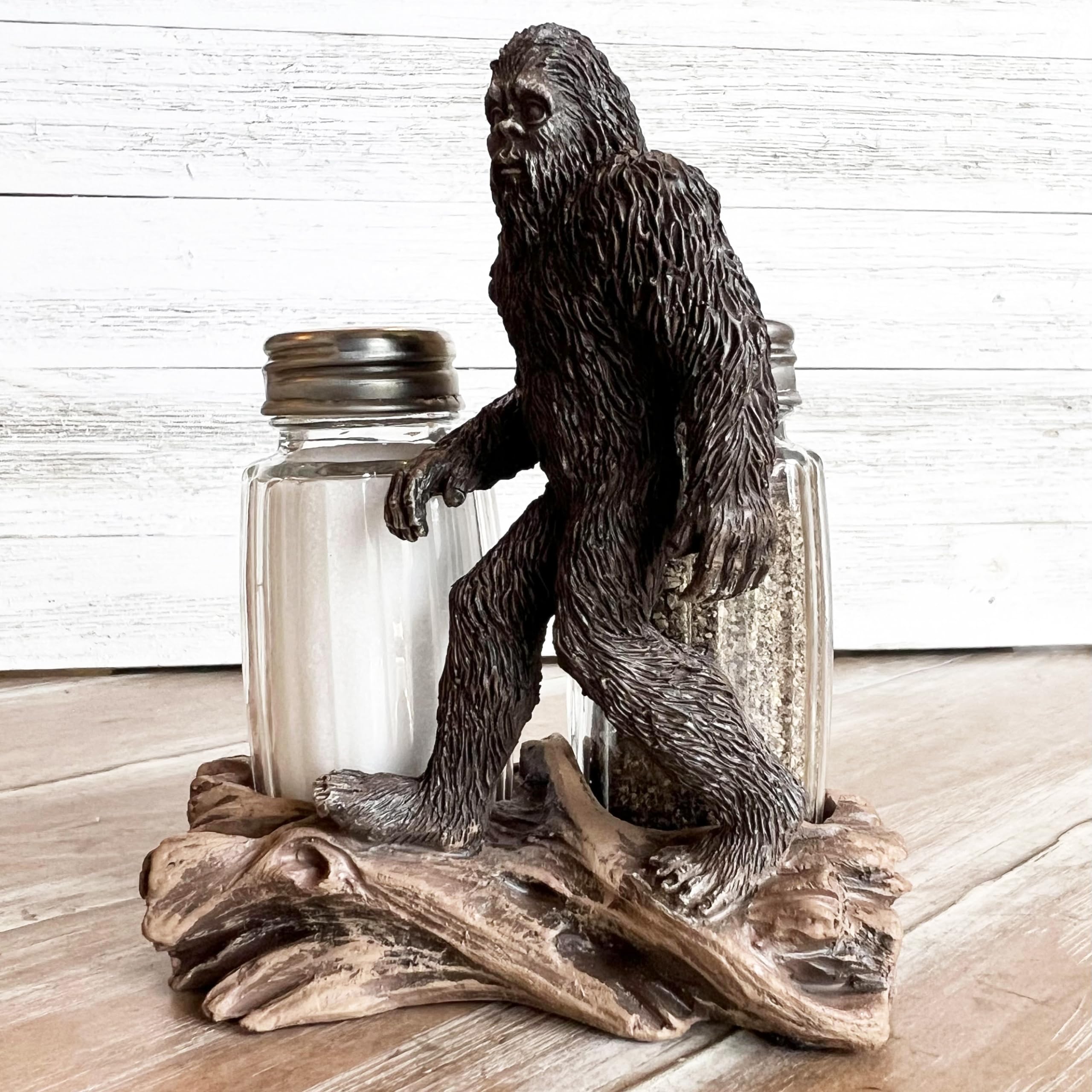 Bigfoot salt and pepper shakers in rustic cabin decor style