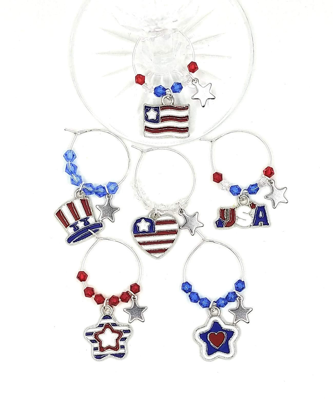 Patriotic glass tags with metal enamel charms set