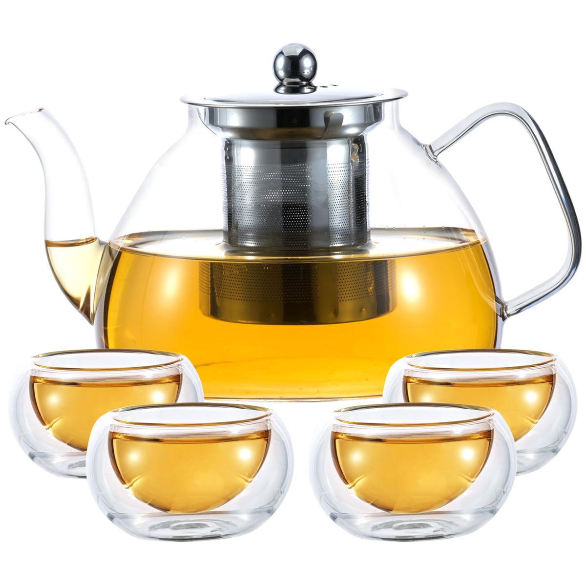 Glass teapot with four double-walled teacups