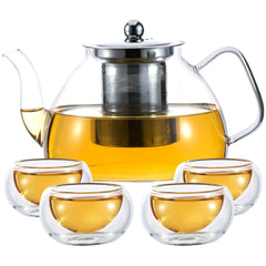 Glass teapot with four double-walled teacups
