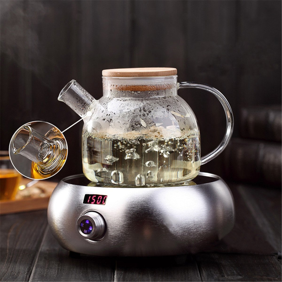 Crystal clear borosilicate glass teapot viewing inside
