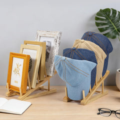 Four portable bamboo display stands with non-slip bases