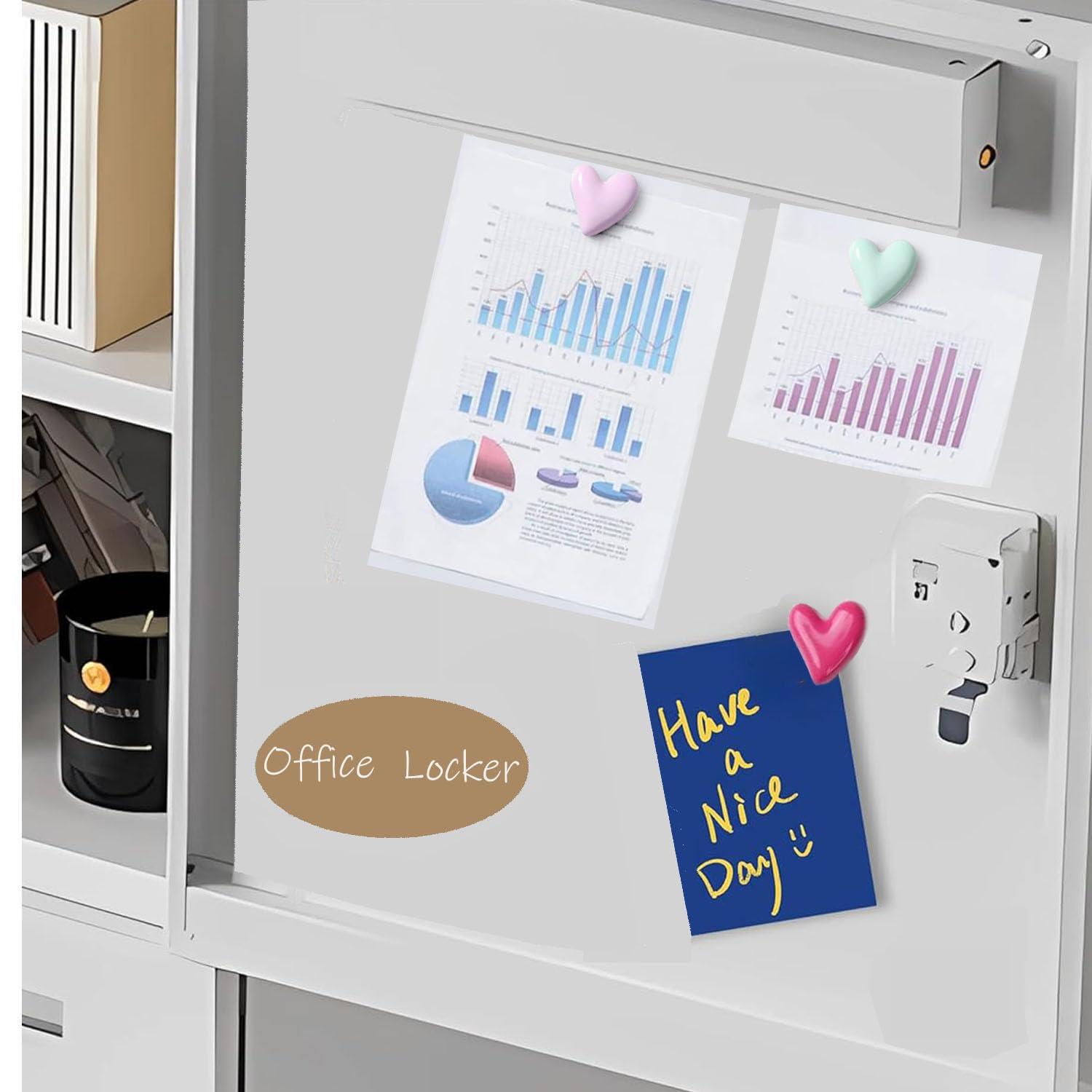 Whiteboard and locker use with magnetic heart magnets