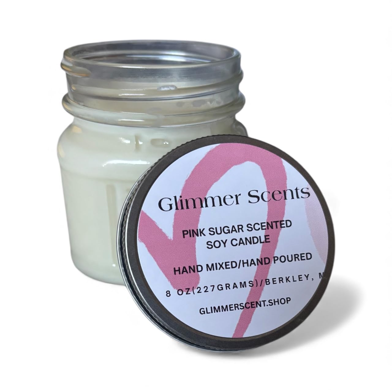 Glimmer Scents Wickless Pink Sugar Soy Candle 8 oz in glass jar